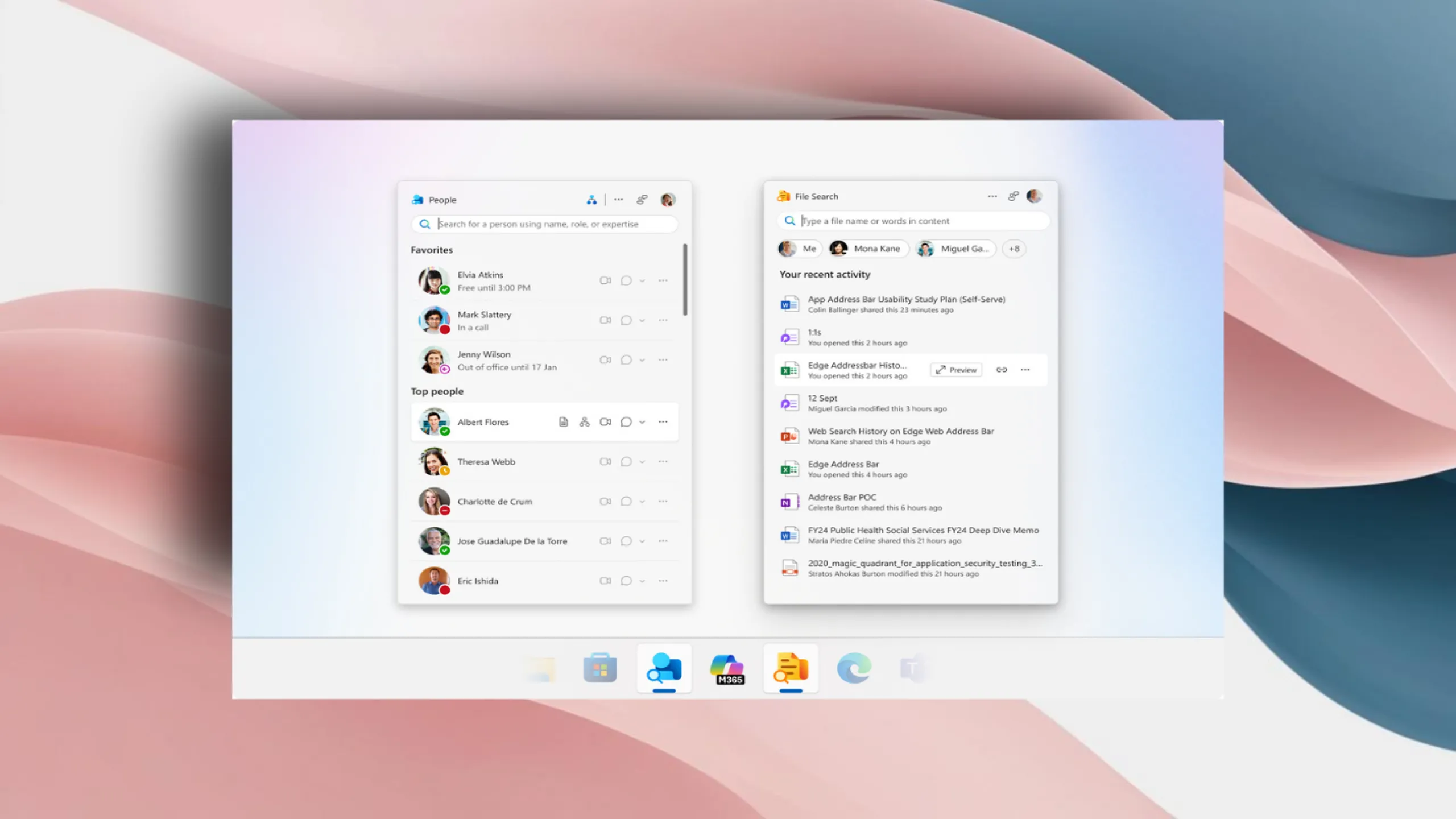 Ảnh chụp màn hình các ứng dụng People và File Search của Microsoft trên PC