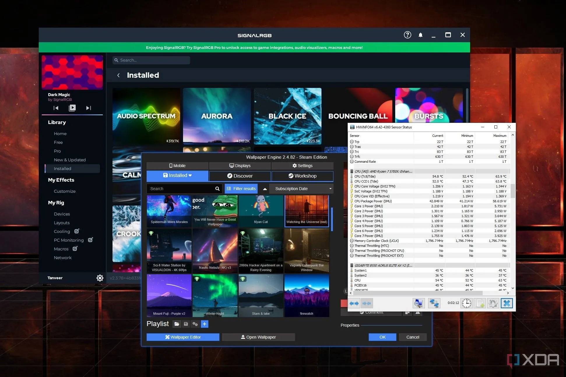 Ảnh chụp màn hình các ứng dụng SignalRGB, Wallpaper Engine và HWiNFO trên desktop, thể hiện các ứng dụng tiêu thụ tài nguyên có thể tạo ra dữ liệu chẩn đoán.