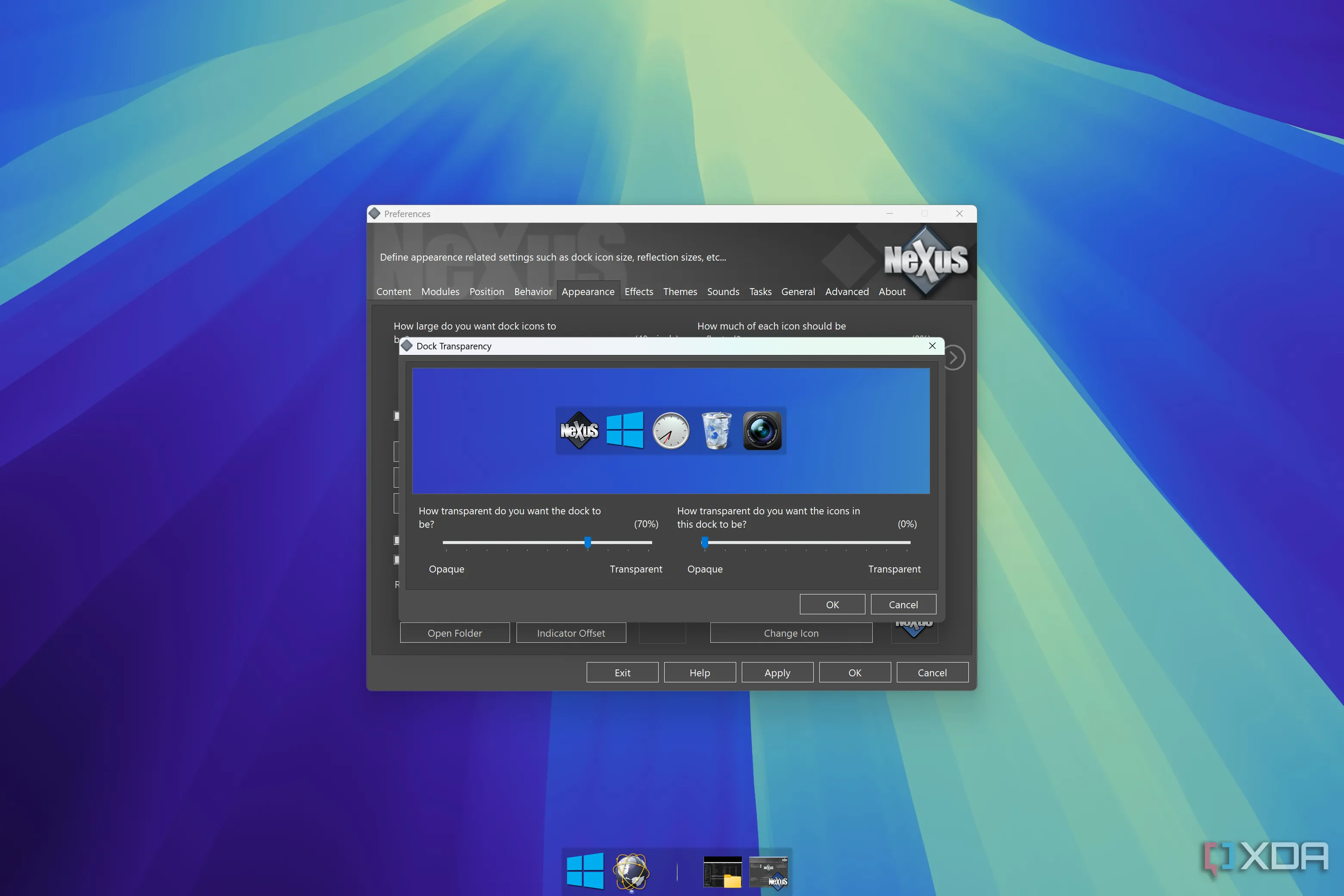Ảnh chụp màn hình cài đặt độ trong suốt cho thanh dock Winstep Nexus trên Windows, mô phỏng giao diện macOS.