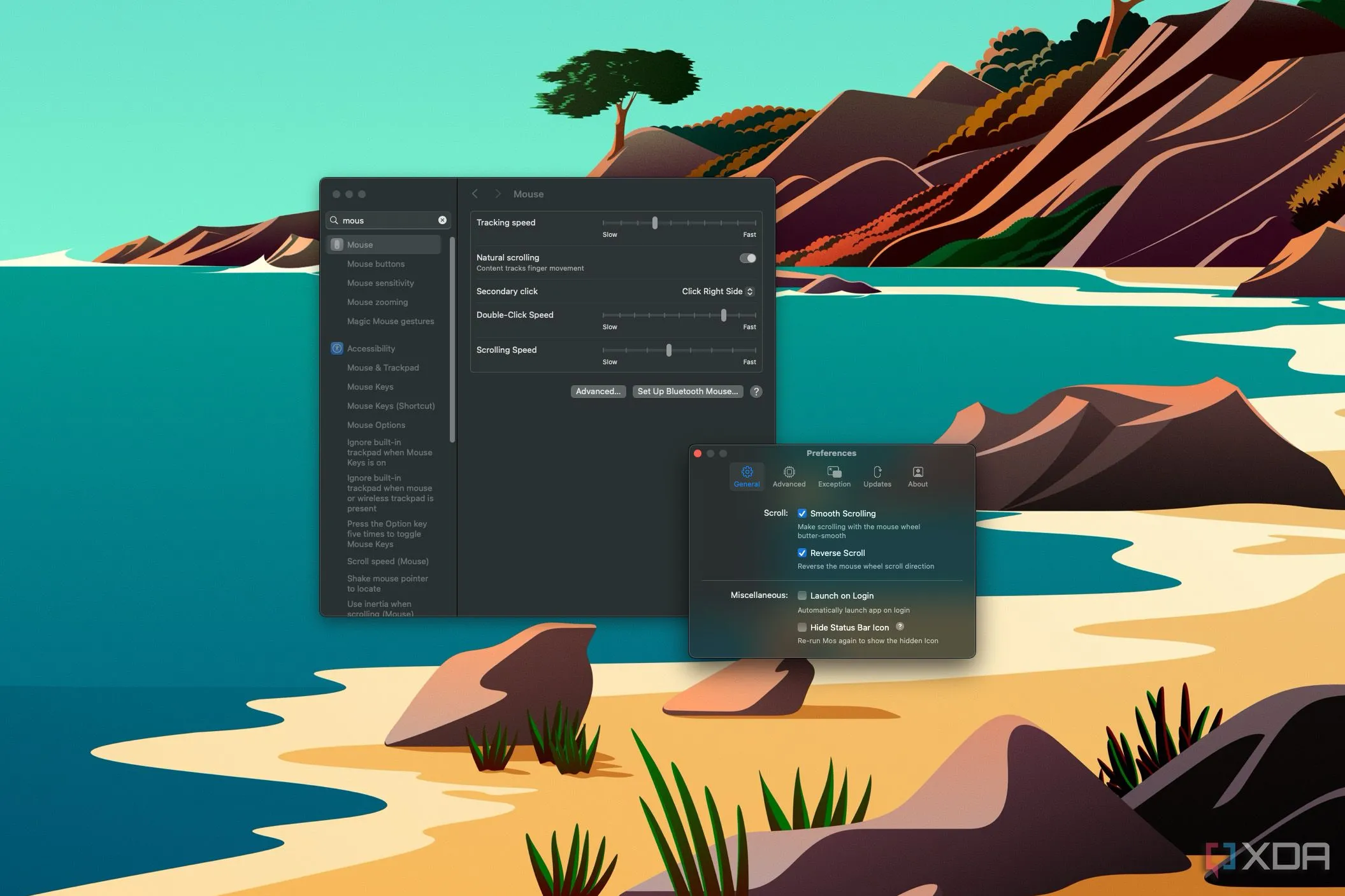 Ảnh chụp màn hình cài đặt macOS và ứng dụng Mos, hiển thị các tùy chọn cuộn chuột