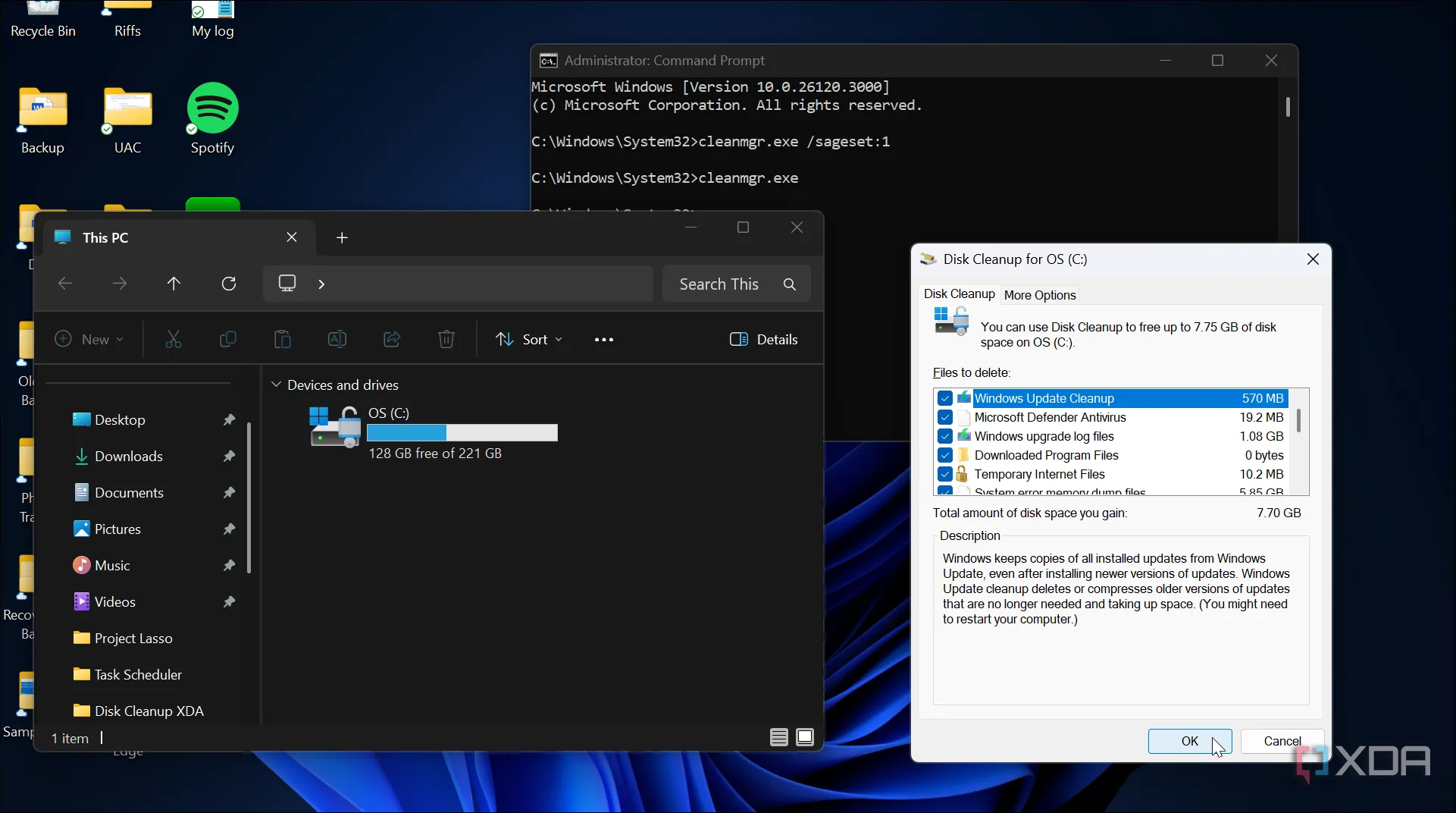 Ảnh chụp màn hình Disk Cleanup khởi chạy bằng Command Prompt, hiển thị dung lượng đĩa cục bộ trên Windows 11