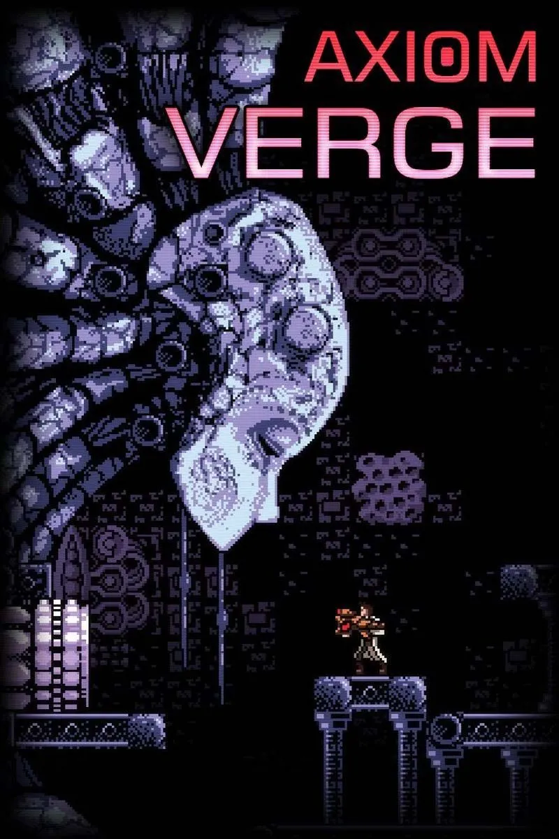 Ảnh chụp màn hình game Axiom Verge, thể hiện phong cách đồ họa pixel khoa học viễn tưởng và môi trường khám phá rộng lớn.