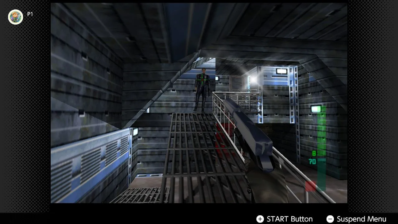 Ảnh chụp màn hình game bắn súng Perfect Dark trên Nintendo 64 với nhân vật Joanna Dark
