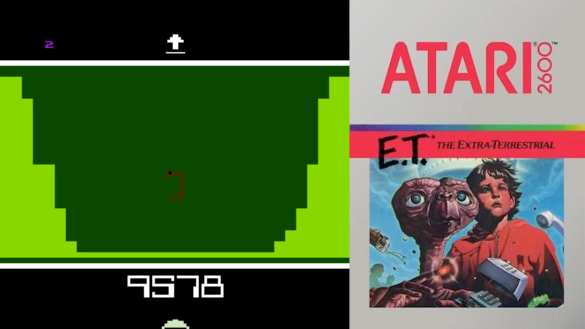 Ảnh chụp màn hình game E.T. The Extra-Terrestrial trên Atari 2600 bên cạnh bìa nghệ thuật