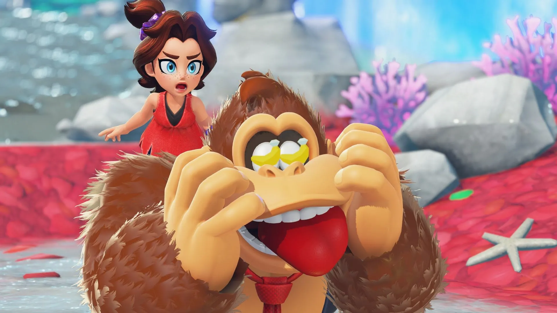 Ảnh chụp màn hình gameplay của game Donkey Kong Bananza với nhân vật khỉ Donkey Kong