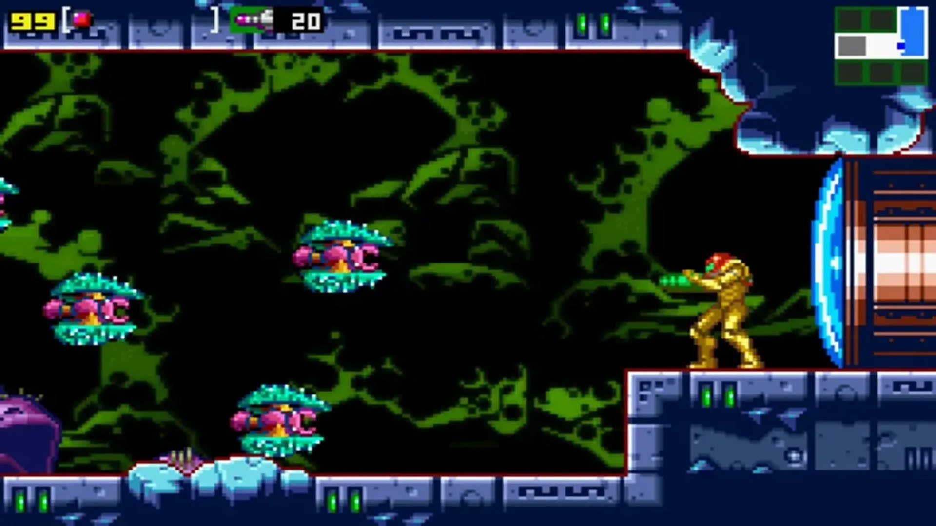Ảnh chụp màn hình gameplay của Metroid: Zero Mission trên Game Boy Advance, với Samus trong bộ Power Suit đang bắn tia năng lượng về phía kẻ thù