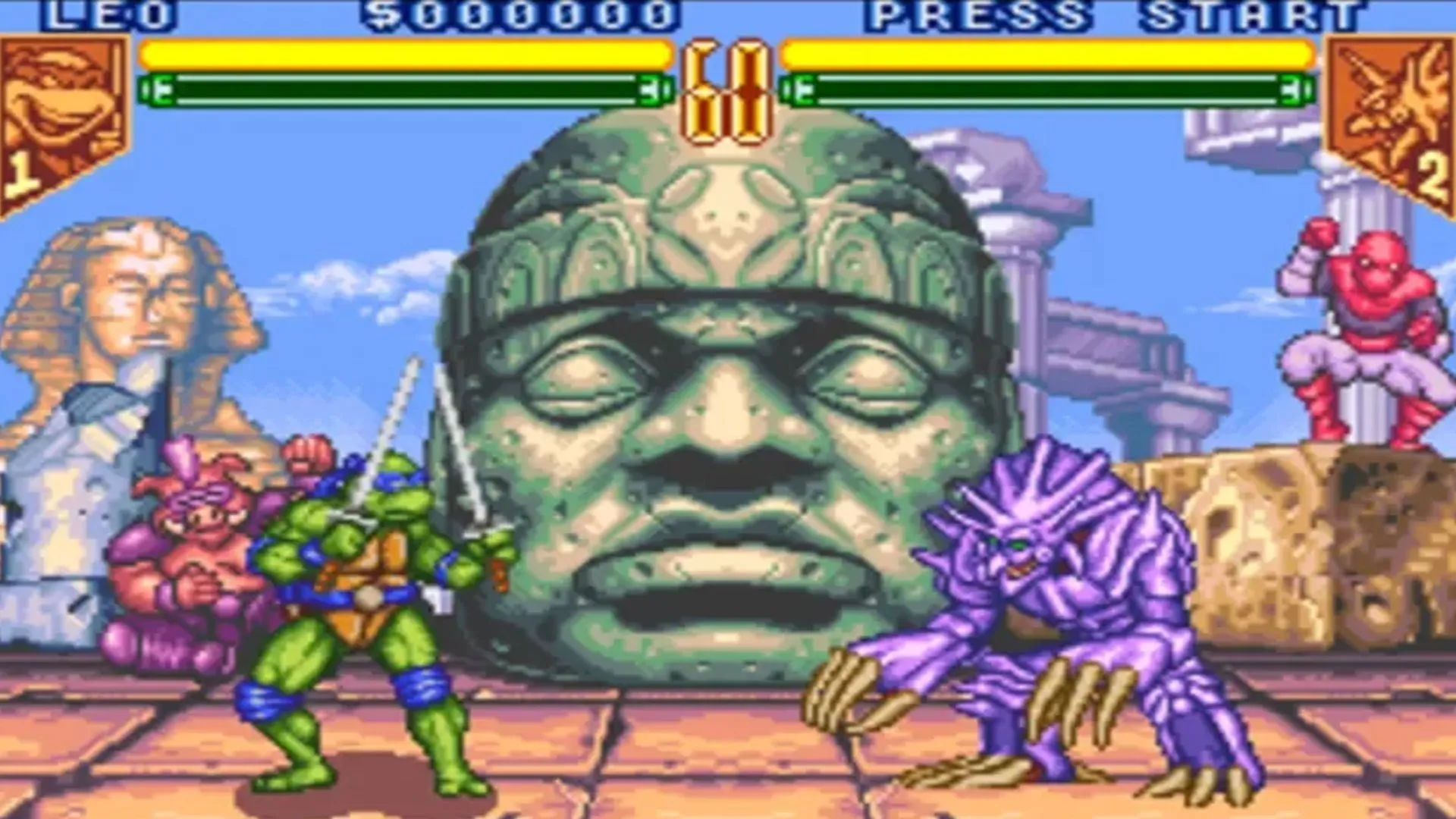Ảnh chụp màn hình gameplay của tựa game đối kháng TMNT: Tournament Fighters trên hệ máy Super Nintendo (SNES)