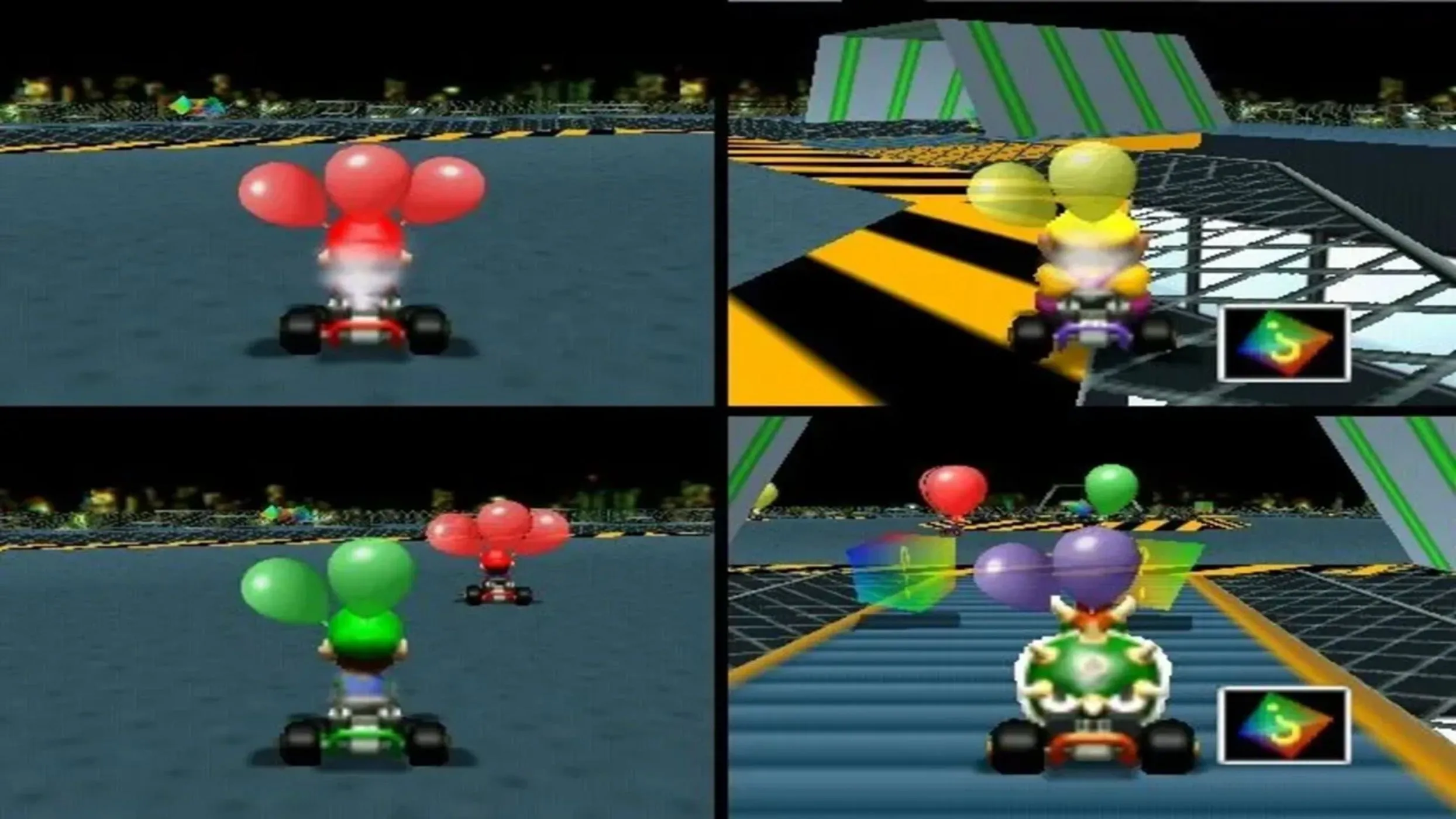 Ảnh chụp màn hình gameplay đầy màu sắc của Mario Kart 64