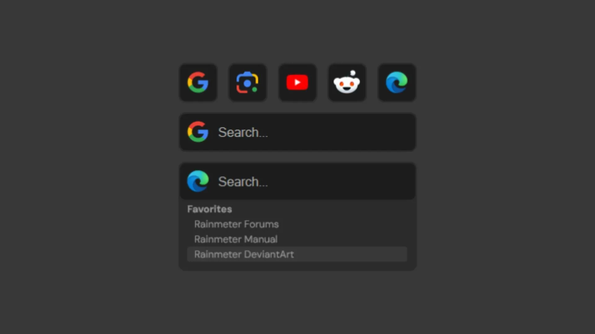 Ảnh chụp màn hình hiển thị các thanh tìm kiếm đa năng tùy chỉnh của Rainmeter skin Animated Multi Search Bar, cho phép tìm kiếm trên nhiều công cụ từ desktop
