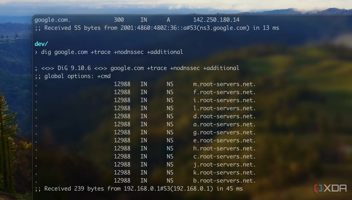 Ảnh chụp màn hình lệnh DIG gửi đến máy chủ gốc DNS