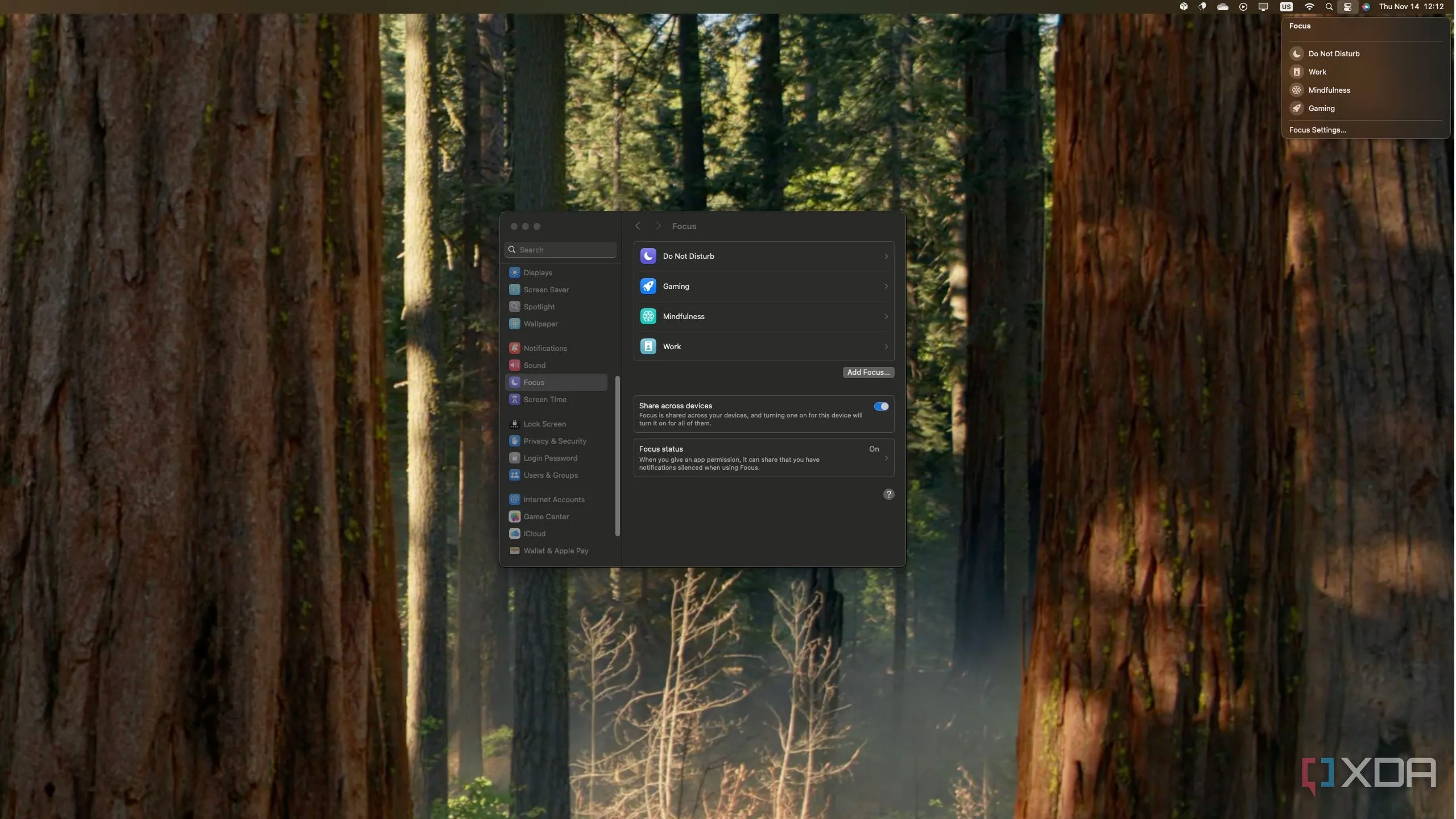 Ảnh chụp màn hình macOS hiển thị các hồ sơ Focus khác nhau trong ứng dụng Cài đặt
