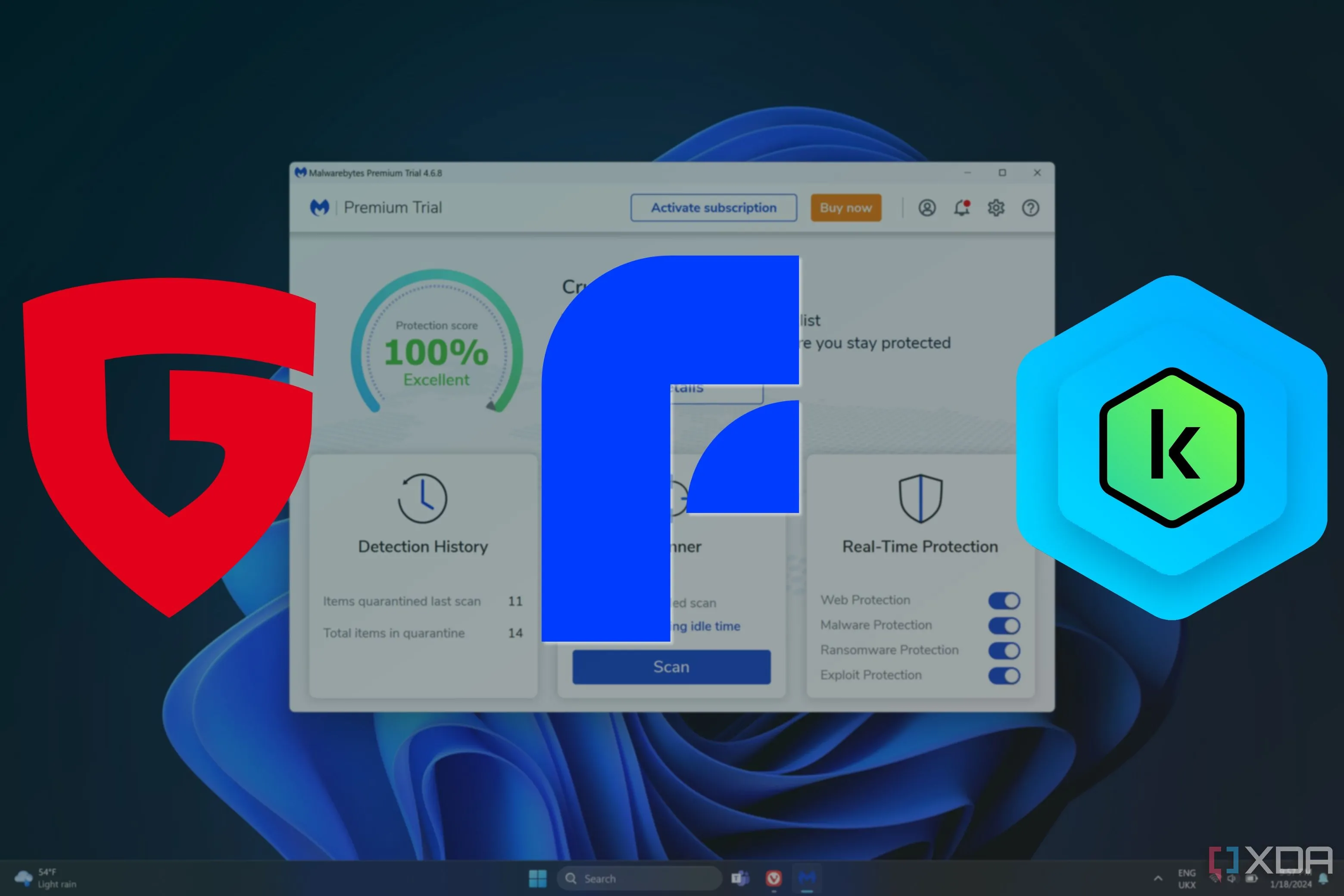 Ảnh chụp màn hình máy tính Windows 11 đang chạy MalwareBytes với logo các nhà cung cấp antivirus khác