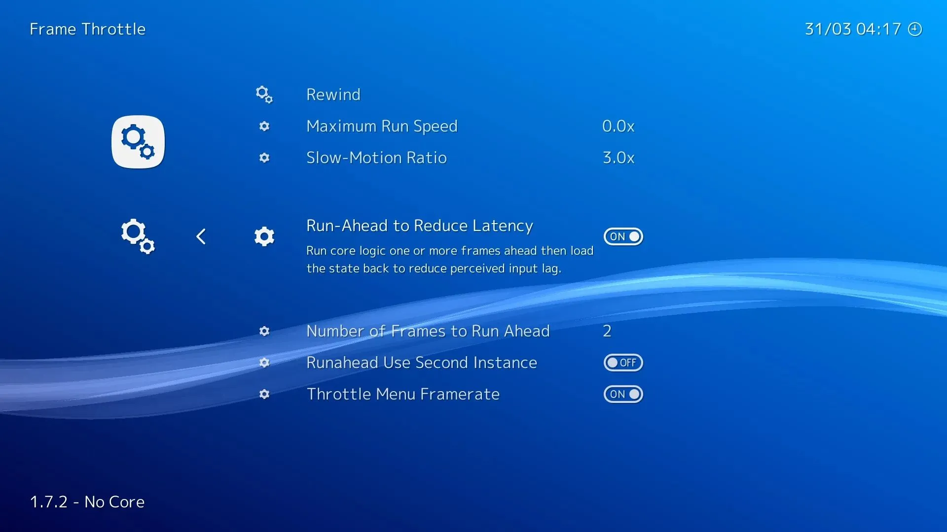 Ảnh chụp màn hình menu cài đặt tính năng Run Ahead trong RetroArch, hiển thị các tùy chọn cấu hình cho việc giảm độ trễ