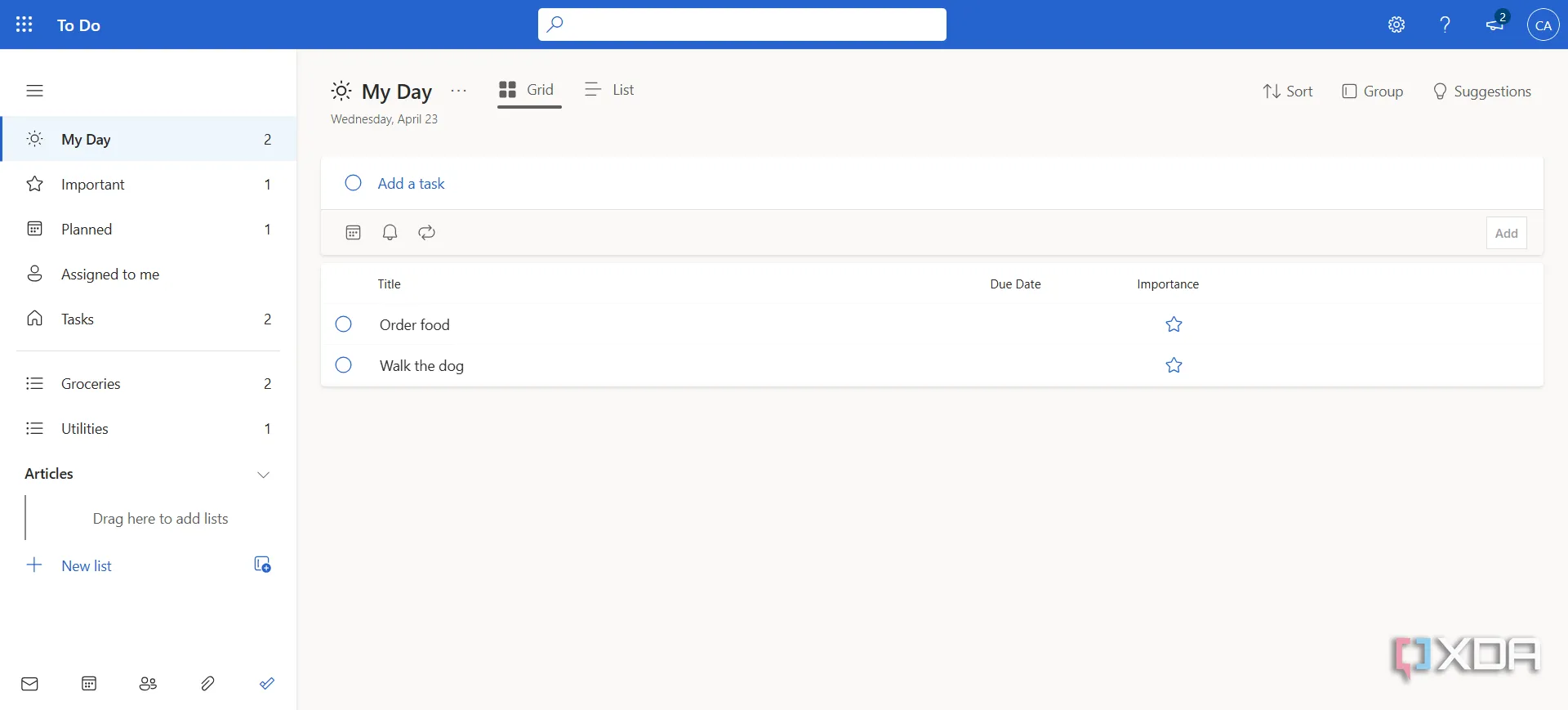 Ảnh chụp màn hình Microsoft To Do trên trình duyệt web, thể hiện giao diện đơn giản và dễ sử dụng của ứng dụng miễn phí.
