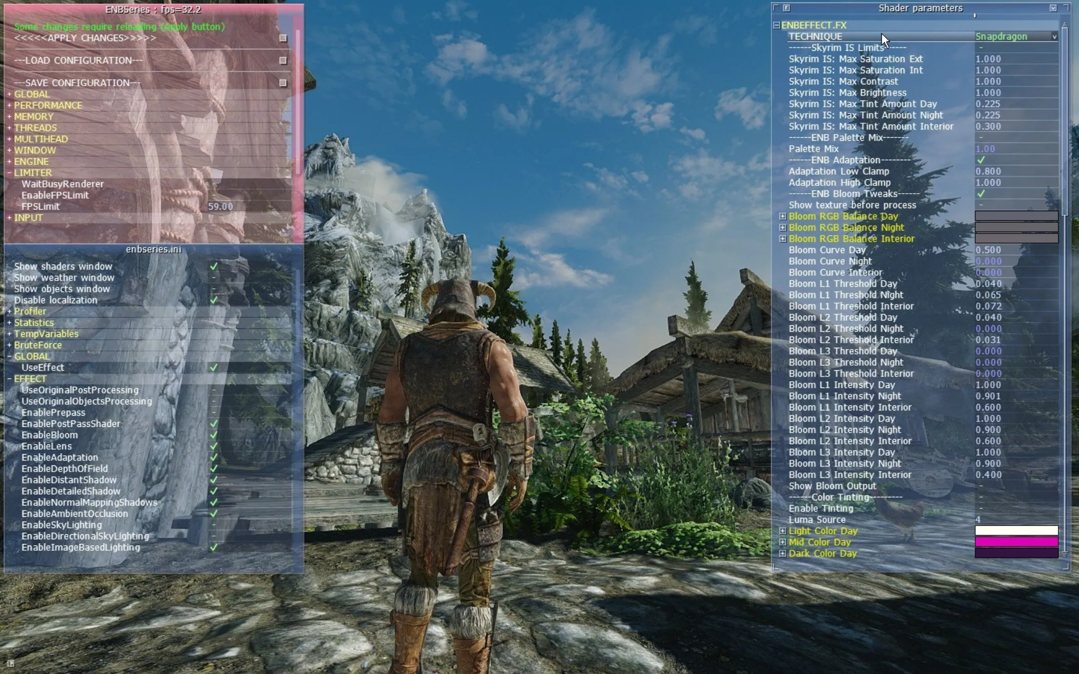 Ảnh chụp màn hình Skyrim với các tùy chỉnh của ENBSeries, thể hiện khả năng nâng cấp đồ họa của công cụ này