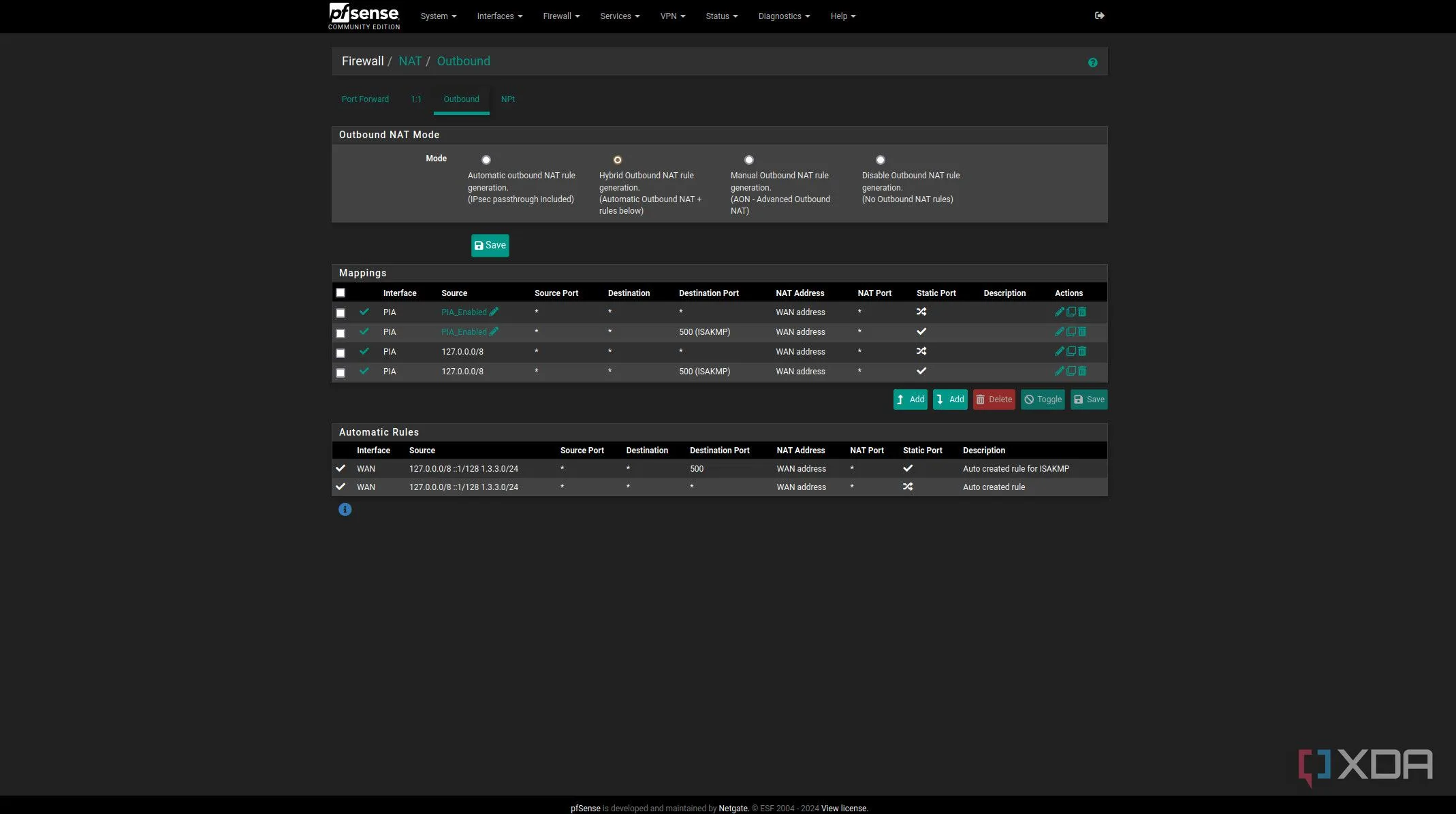Ảnh chụp màn hình thiết lập quy tắc tường lửa NAT Outbound trên pfSense, minh họa giải pháp bảo mật mạng hiệu quả và tiết kiệm chi phí.