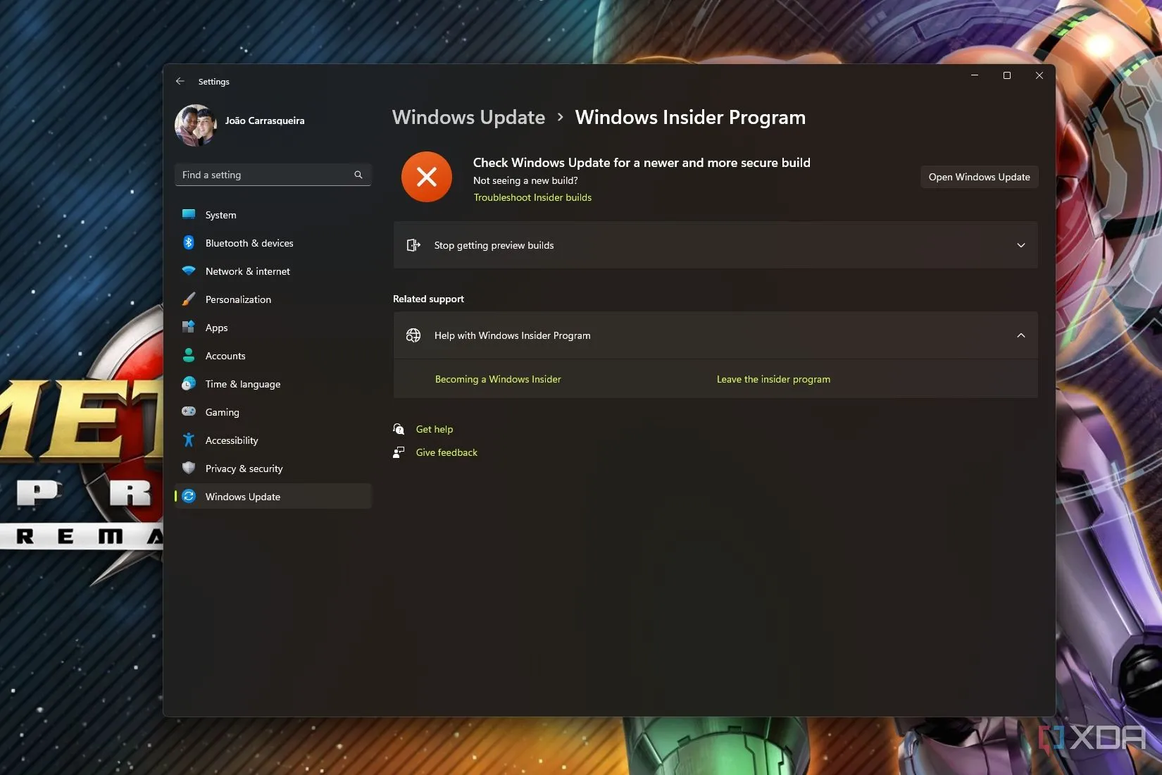 Ảnh chụp màn hình trang cài đặt Windows Insider Program trong Windows 11, nơi người dùng có thể tham gia thử nghiệm các bản dựng sớm