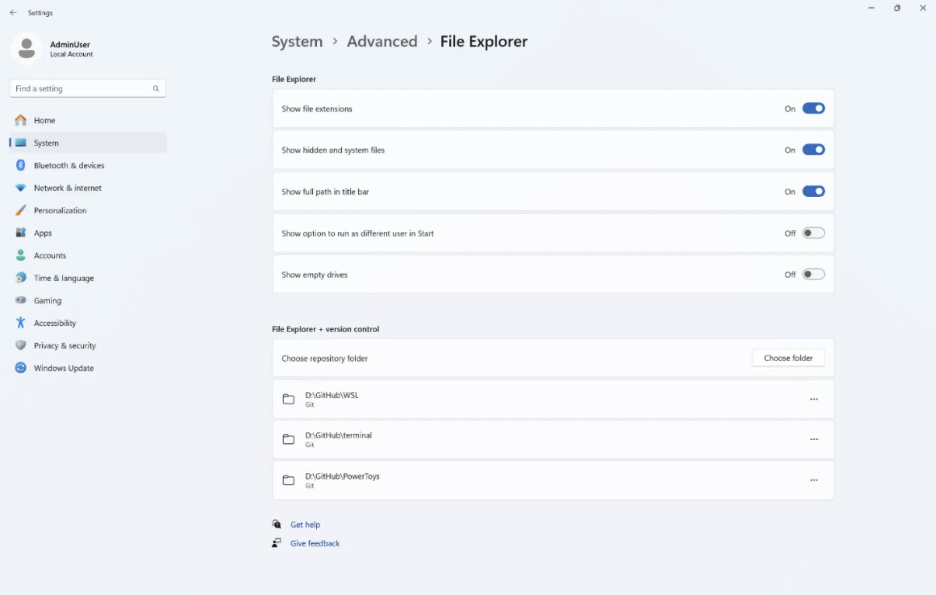 Ảnh chụp màn hình ứng dụng Cài đặt của Windows 11 với trang Cài đặt nâng cao cho File Explorer, minh họa các tùy chọn dành cho nhà phát triển