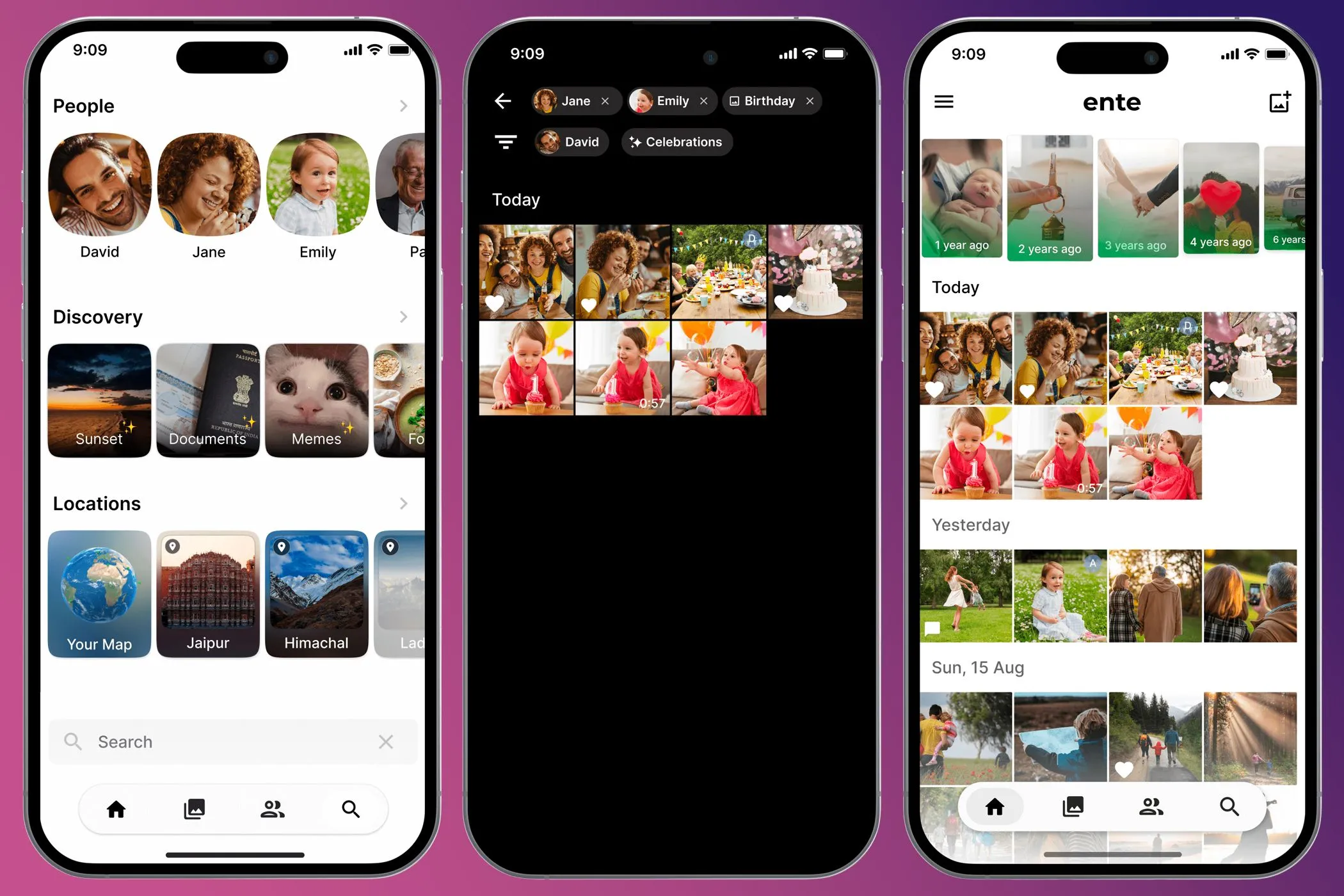 Ảnh chụp màn hình ứng dụng Ente Photos trên điện thoại hiển thị giao diện và khả năng tìm kiếm thông minh