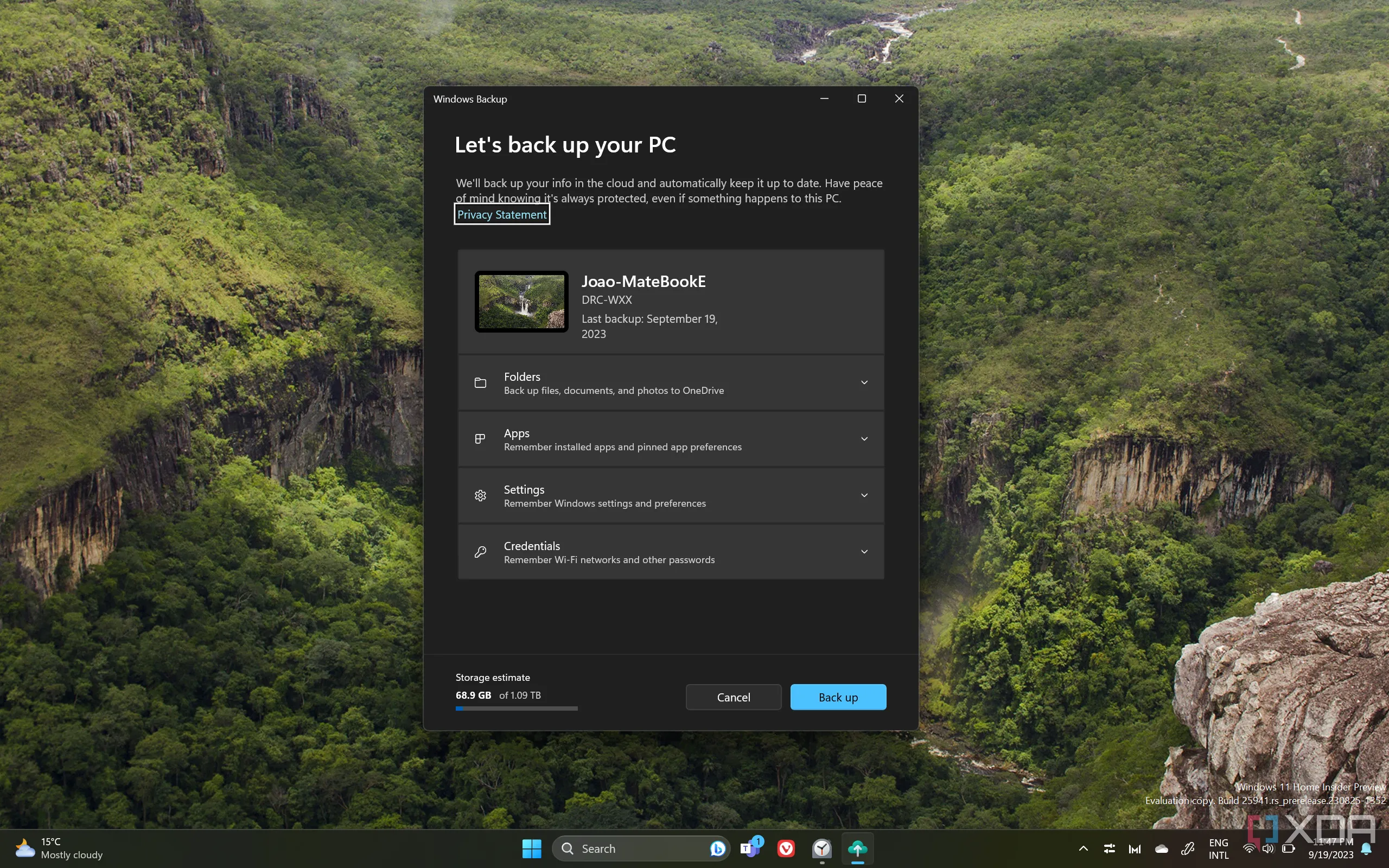 Ảnh chụp màn hình ứng dụng Windows Backup trên Windows 11, một công cụ sao lưu dữ liệu tích hợp