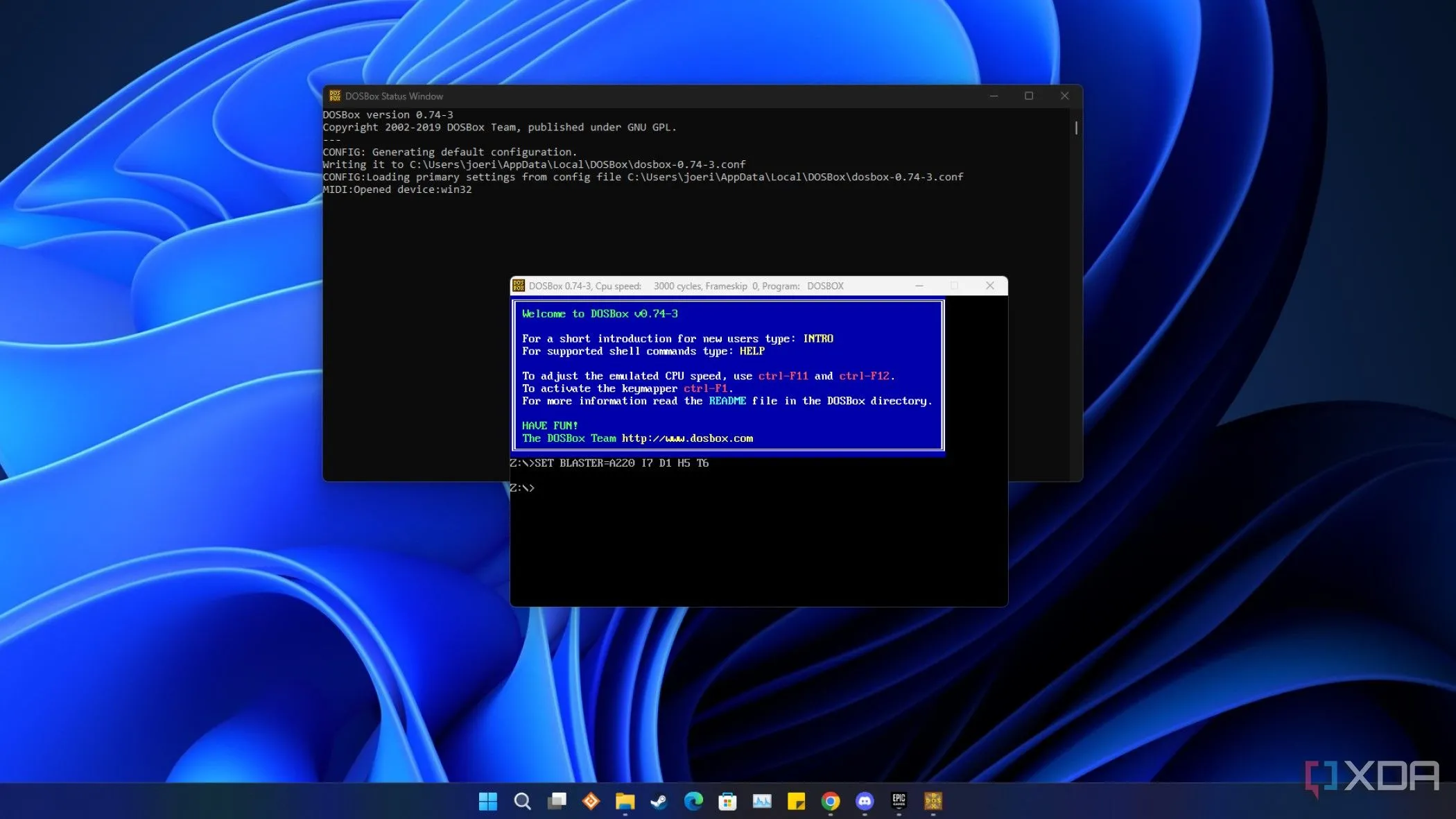 Ảnh chụp màn hình Windows 11 đang chạy DOSBox, trình giả lập cho phép chơi game và ứng dụng DOS cổ điển.