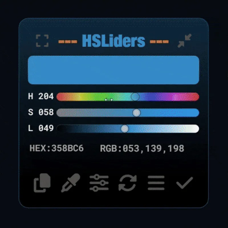 Ảnh động minh họa các trường hợp sử dụng của Rainmeter skin HSLiders, cho phép điều chỉnh màu sắc Hue, Saturation, Lightness cho desktop và các skin khác