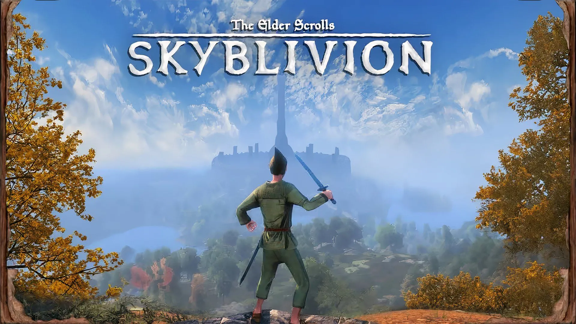 Anh hùng Skyblivion đứng trên đồi với lâu đài cổ kính, thể hiện thế giới mở rộng lớn của game