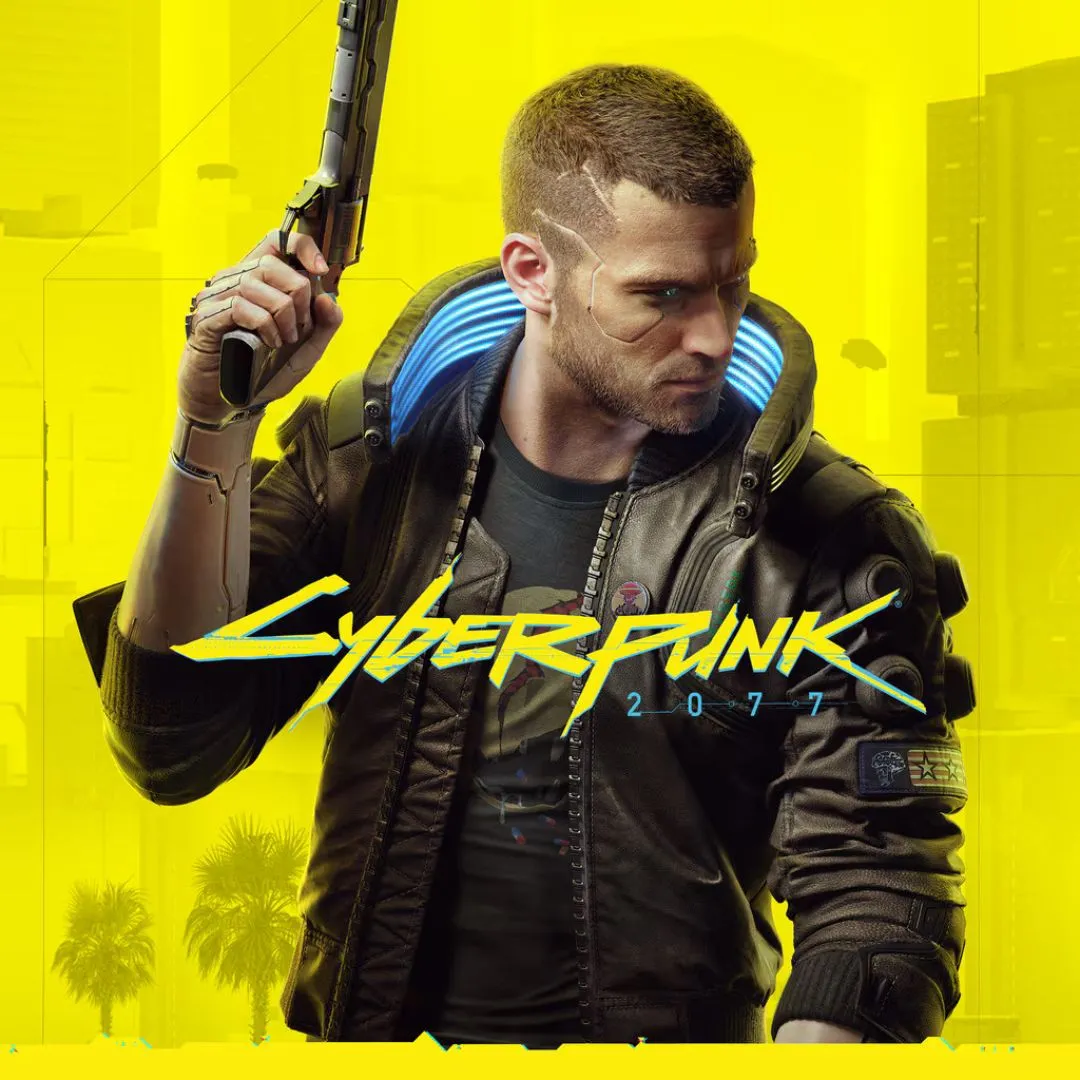 Ảnh sản phẩm Cyberpunk 2077 với nhân vật chính V trong trang phục tương lai và khẩu súng, biểu tượng của Night City