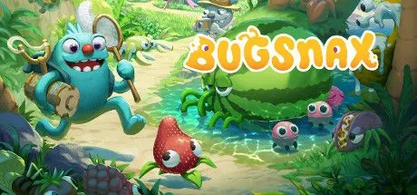 Áp phích game Bugsnax với nhân vật chính và nhiều sinh vật Bugsnax dễ thương kết hợp côn trùng và đồ ăn vặt