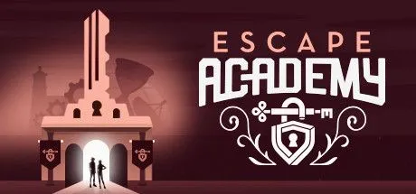 Áp phích game Escape Academy với các nhân vật hoạt hình và cảnh một căn phòng thoát hiểm đầy thử thách