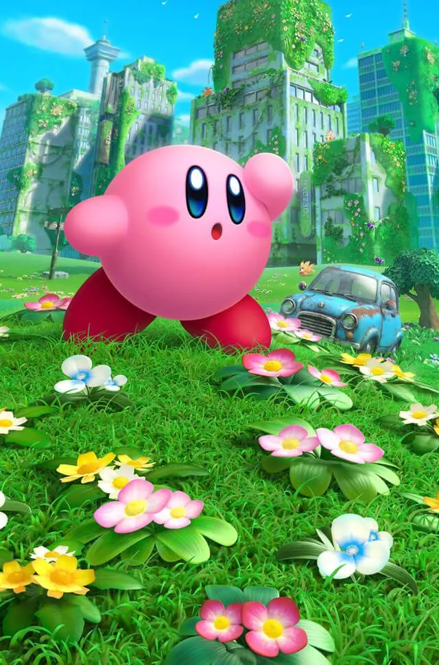 Áp phích game Kirby and the Forgotten Land với Kirby và Bandana Waddle Dee trên nền một thế giới hậu tận thế đầy màu sắc