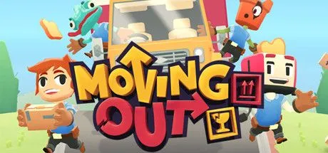 Áp phích game Moving Out với các nhân vật hoạt hình đang vận chuyển đồ đạc trong một khung cảnh hỗn loạn