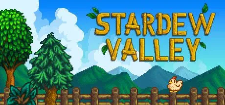 Áp phích game Stardew Valley với hình ảnh nông trại và các nhân vật đang làm việc và vui chơi