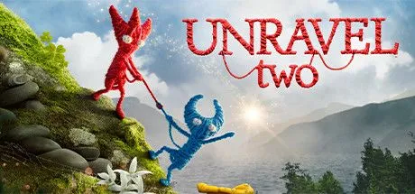 Áp phích game Unravel Two với hai nhân vật Yarny màu đỏ và xanh lam được nối với nhau bằng một sợi chỉ