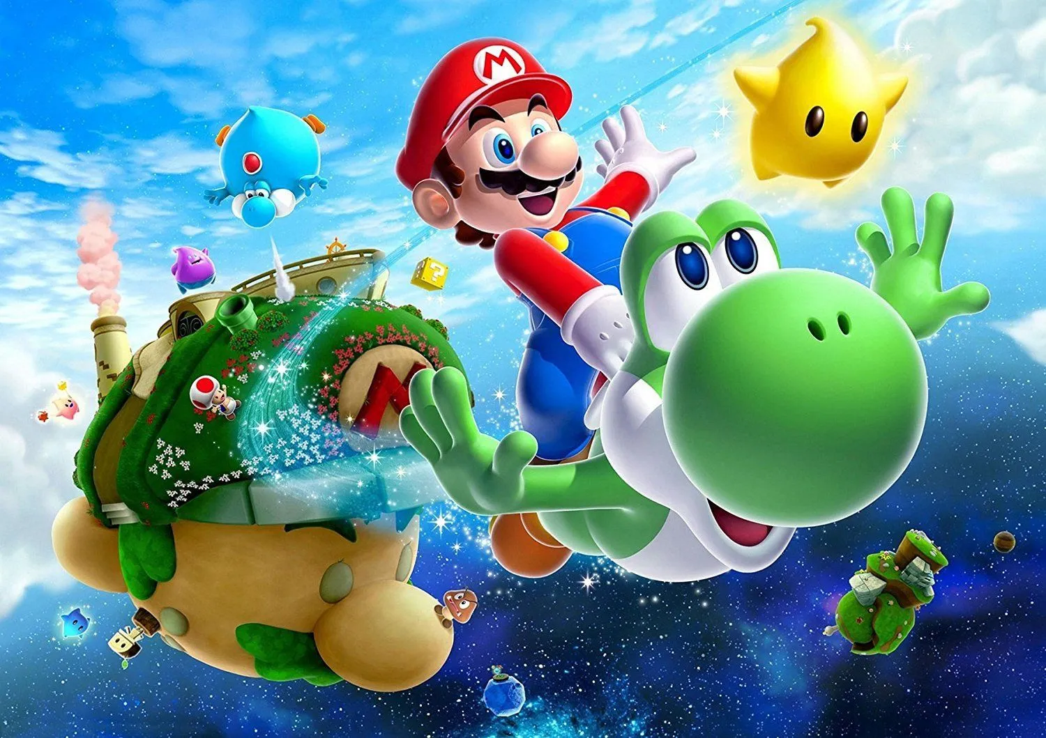 Artwork Super Mario Galaxy 2, Mario và Yoshi cùng khám phá không gian, thể hiện sự vui tươi và phiêu lưu của thế giới Mario.