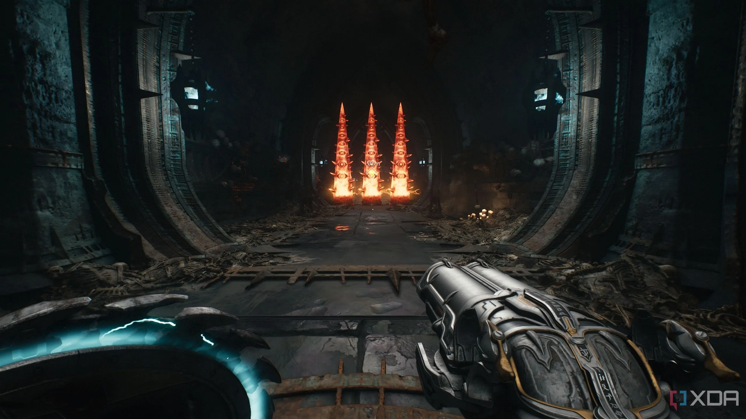 Ba cây gai kim loại lớn trên mặt đất trong Chapter 19 Doom: The Dark Ages