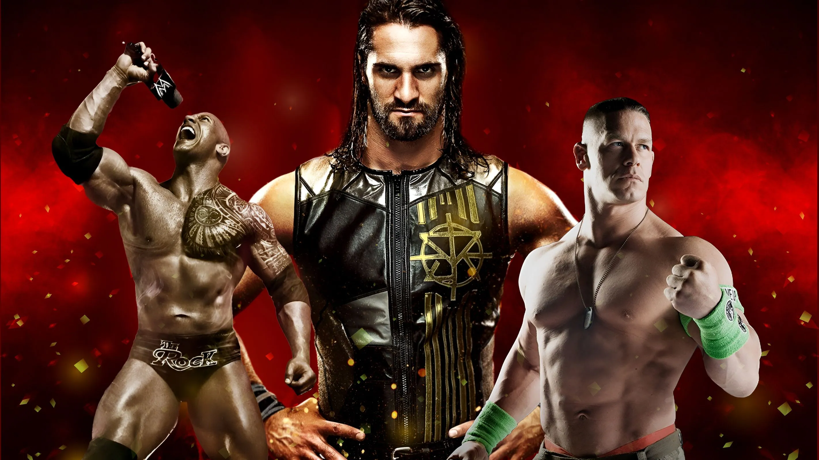 Ba siêu sao WWE John Cena, The Rock và Seth Rollins trên sàn đấu, thể hiện sự đa dạng và sức hút của các trận đấu WWE 2K