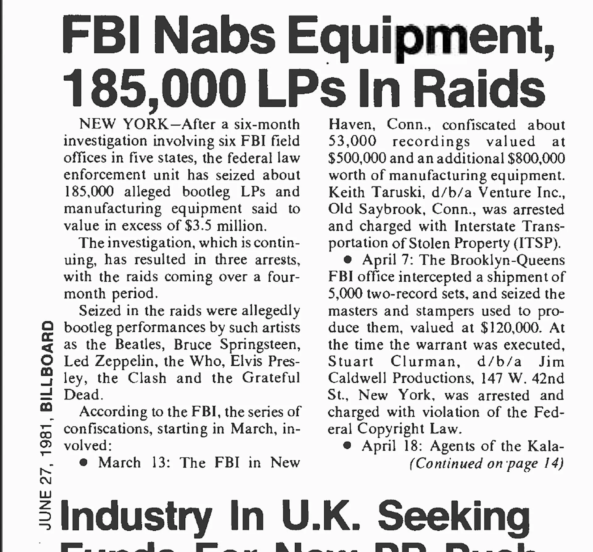 Bài báo trên Tạp chí Billboard từ năm 1981 đề cập đến vụ đột kích FBI vào Keith Taruski