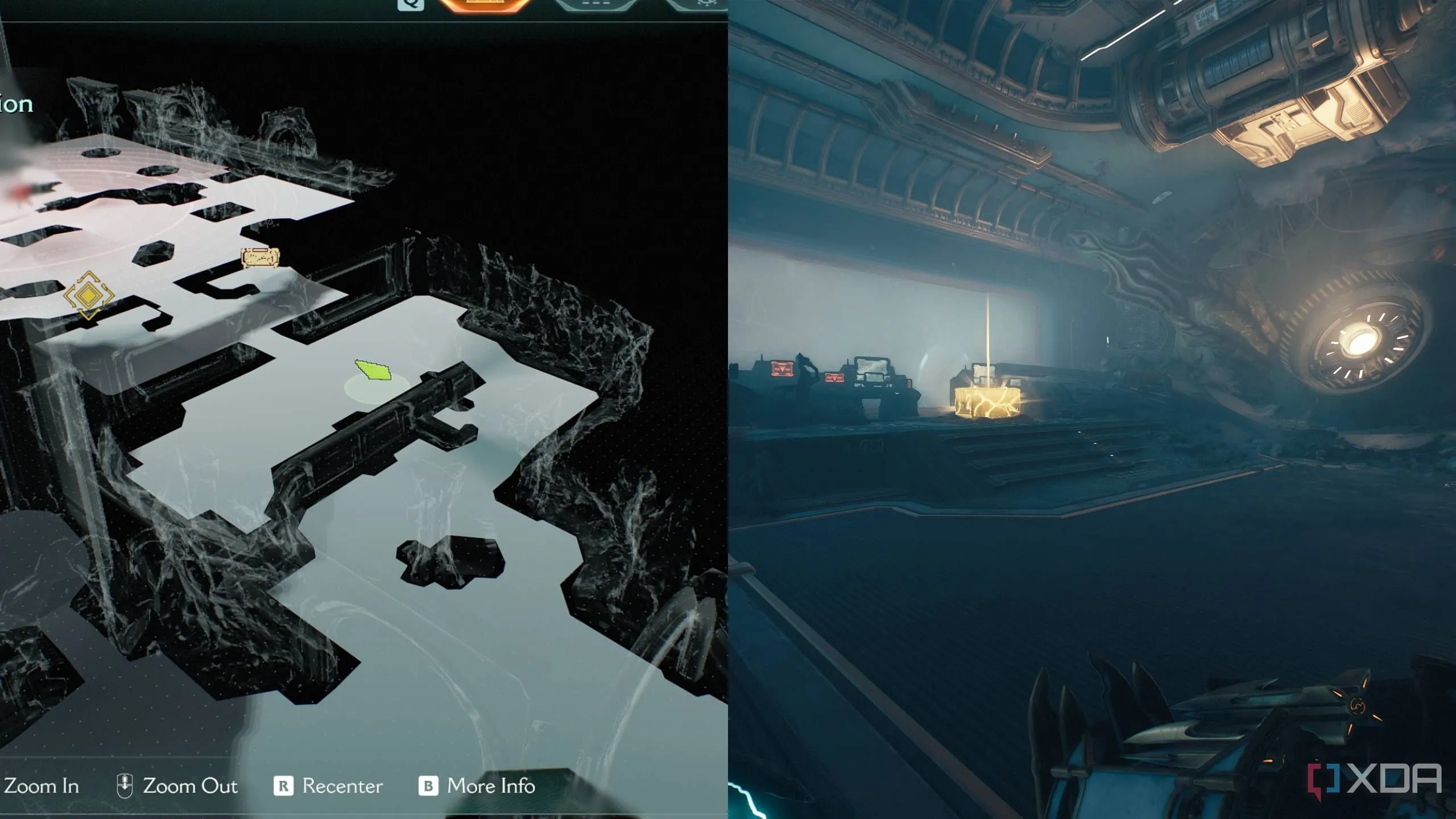 Bản đồ 3D Automap hiển thị vị trí rương vàng (gold chest) trước khi quay lại đấu trường tượng Hiệp sĩ.