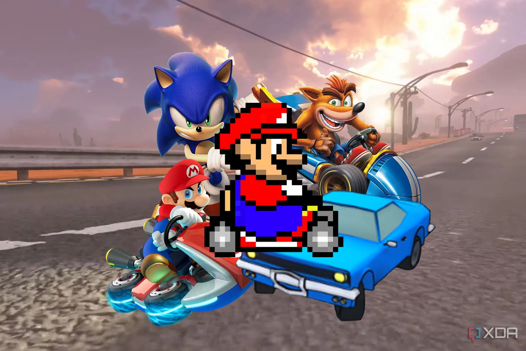 Bản đồ Mario Kart World với Sonic, Mario, Crash và Flex Riders