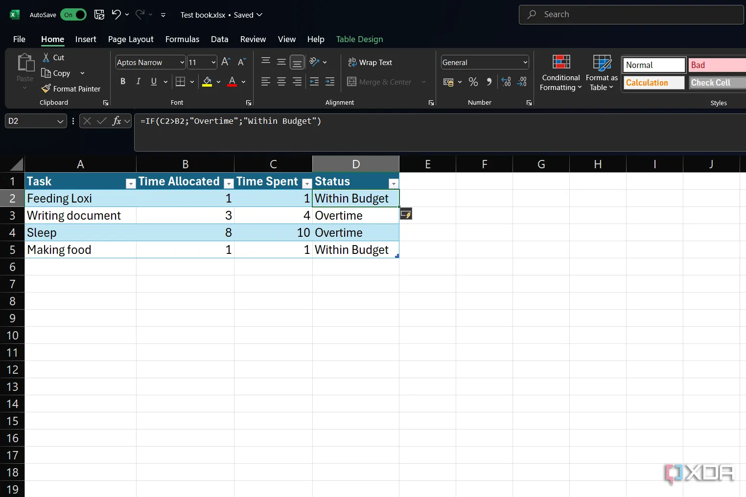 Bảng dữ liệu Excel áp dụng hàm IF để phân loại trạng thái dựa trên điều kiện logic