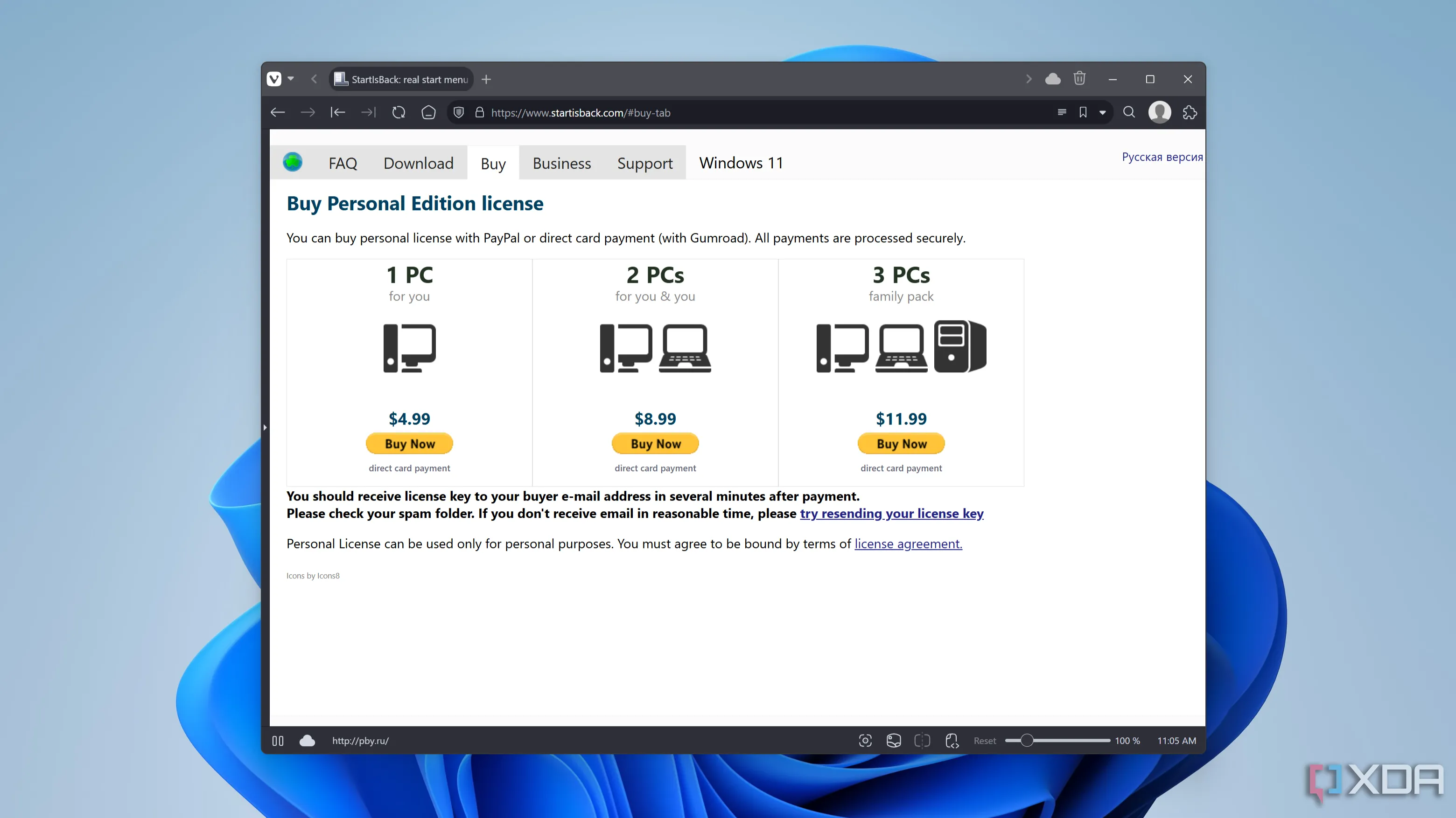 Bảng giá bản quyền cá nhân của StartAllBack cho Windows 11 với các tùy chọn 1, 2 và 3 PC, hiển thị mức giá thấp hơn so với Start11