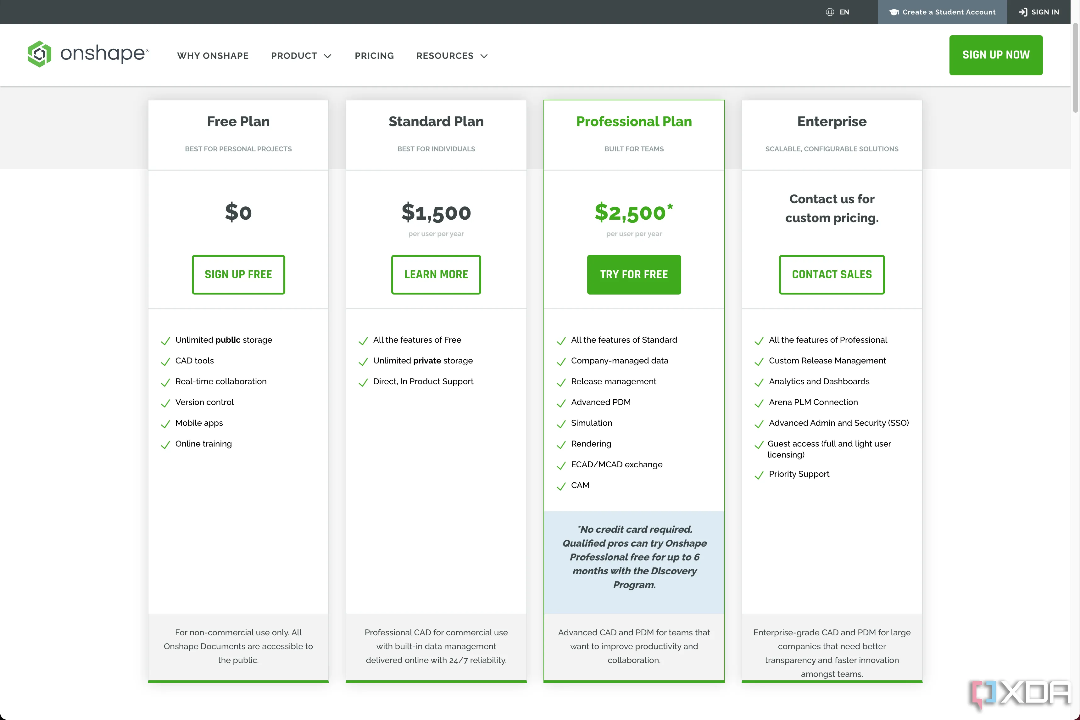 Bảng giá các gói dịch vụ của Onshape, nổi bật là phiên bản miễn phí cho người dùng cá nhân.