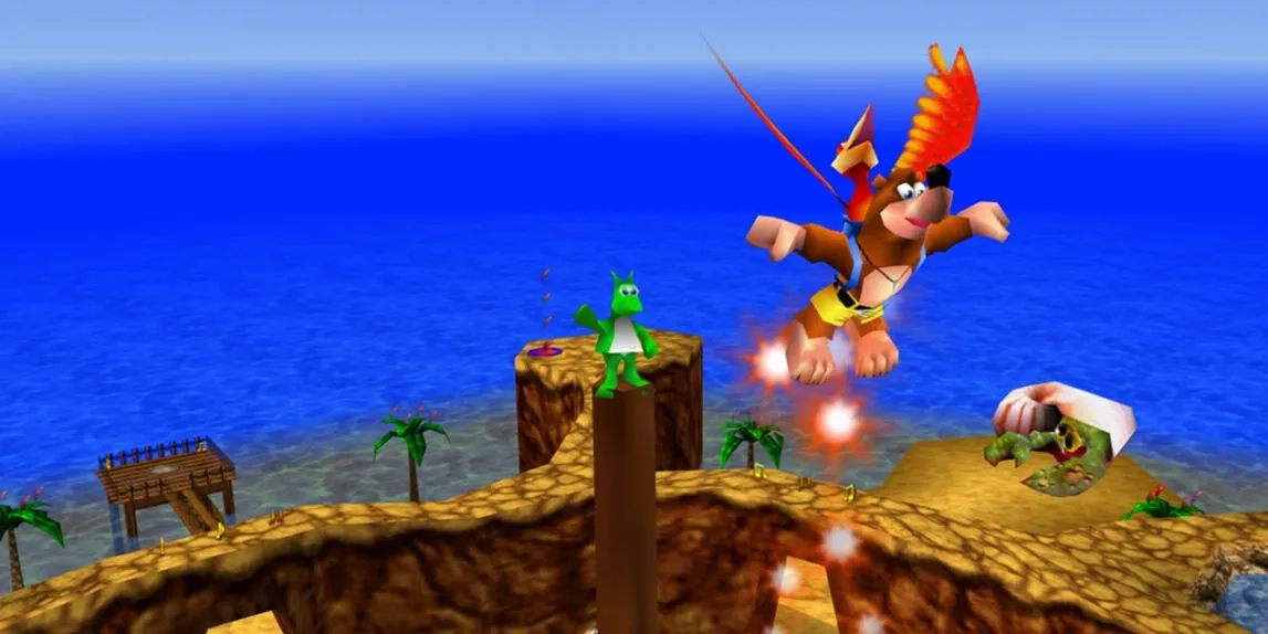 Banjo và Kazooie đang nhảy để thu thập Jinjo màu xanh trong game Banjo-Kazooie