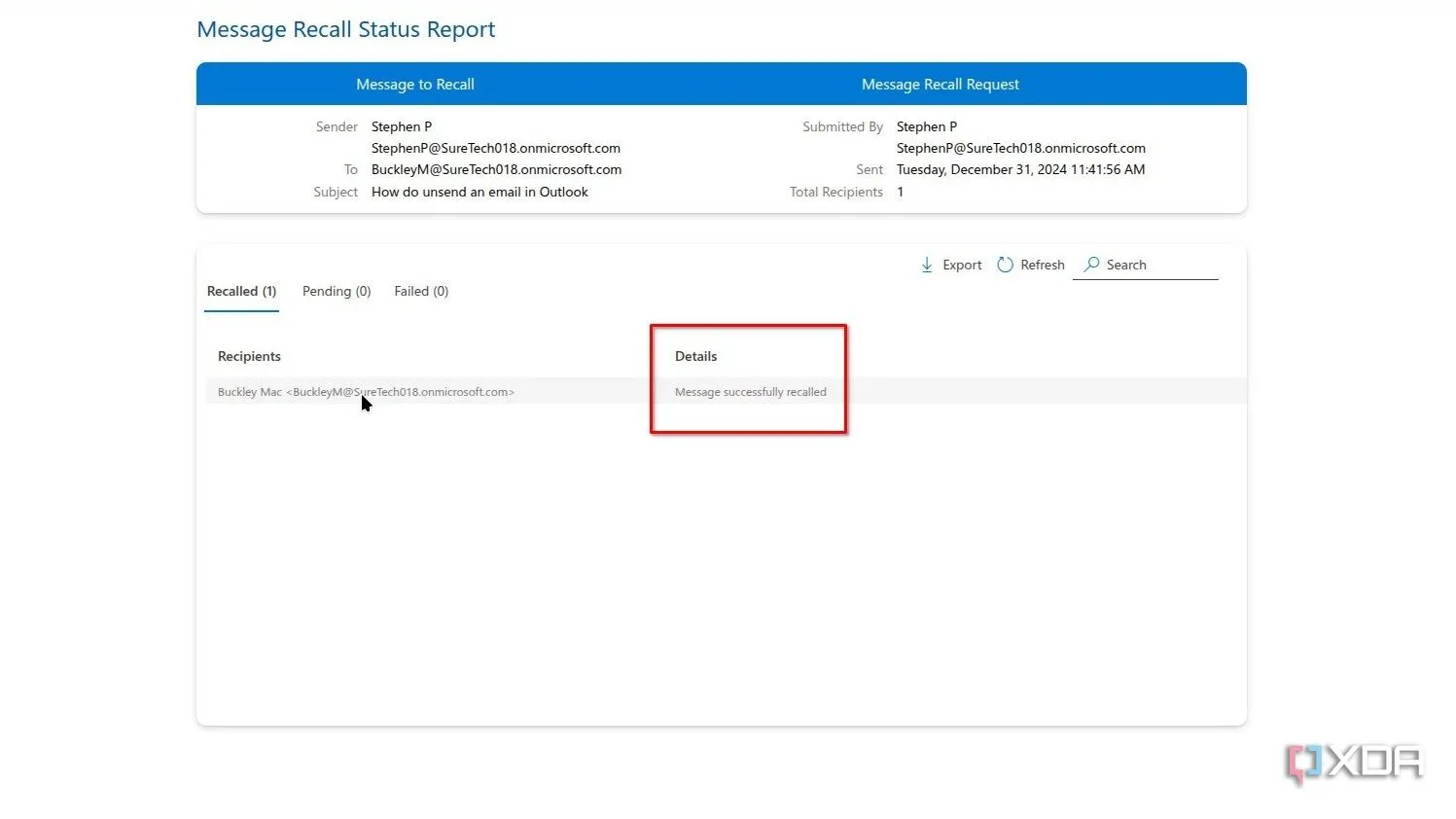 Báo cáo thu hồi email thành công hiển thị trong hộp thư đến Outlook