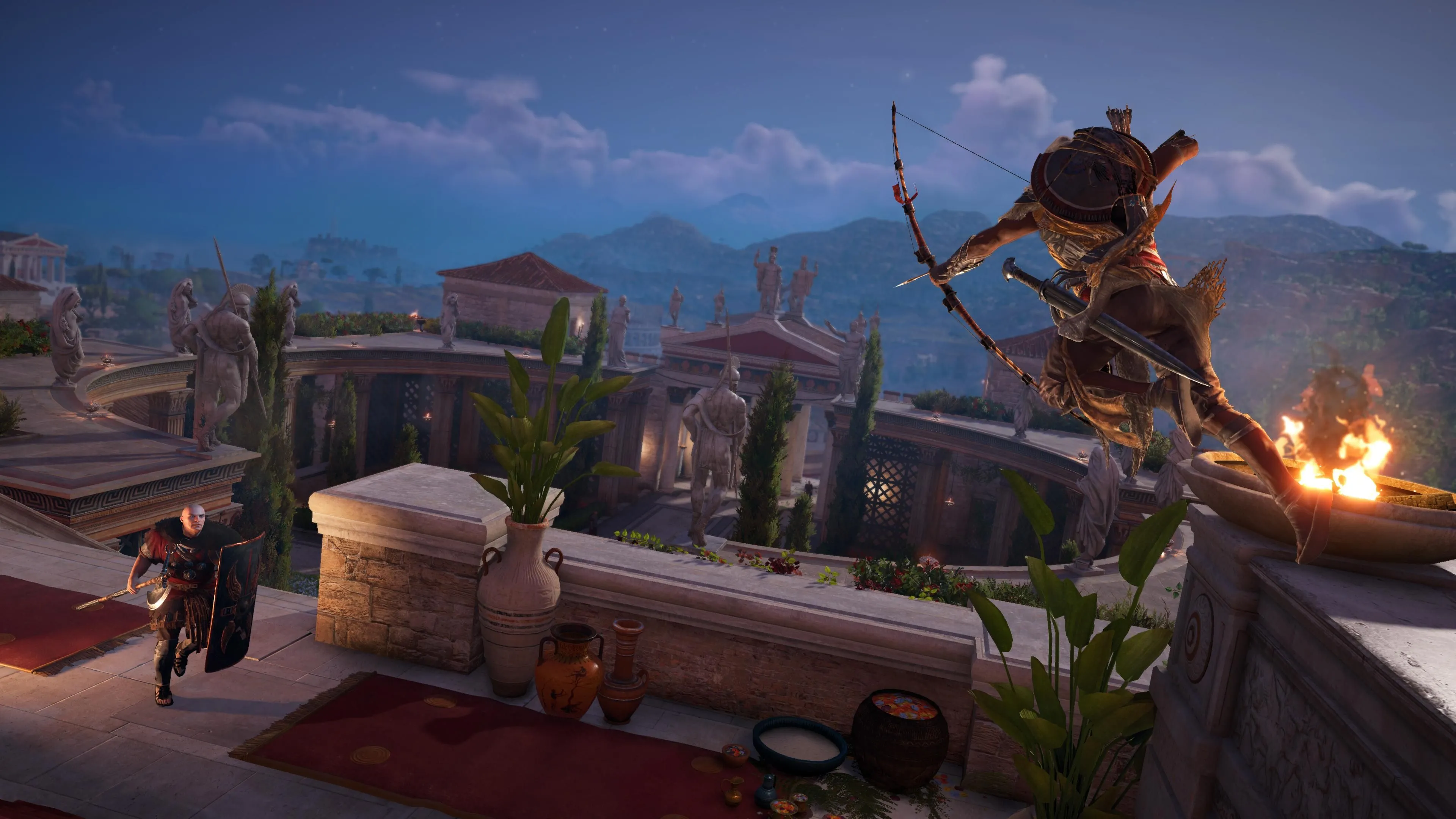 Bayek, nhân vật chính của Assassin's Creed Origins, đang thực hiện pha hành động lén lút với cung tên tại Ai Cập cổ đại