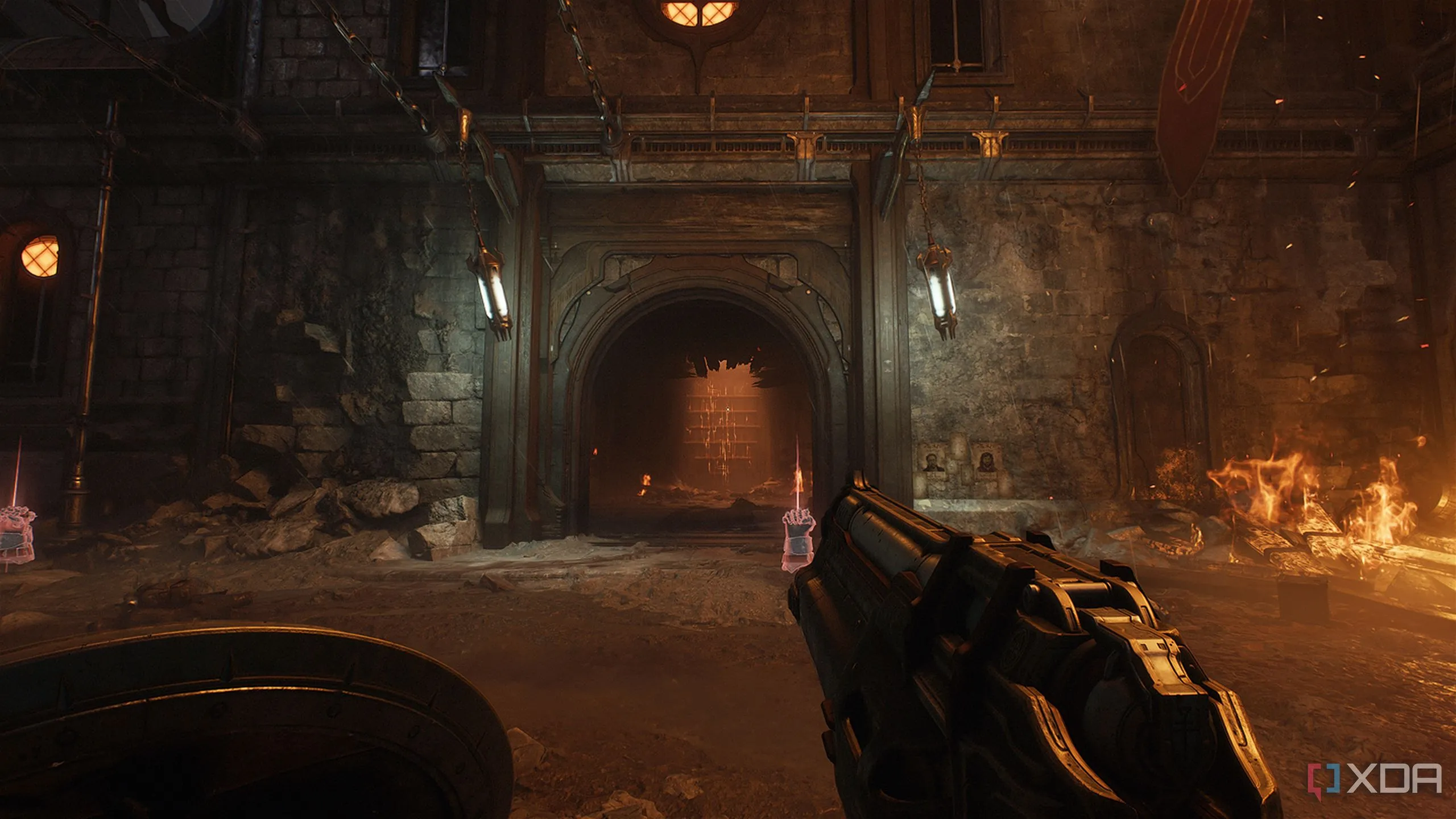 Bên trong một công trình kiến trúc đang cháy trong Chương 1 Làng Khalim của Doom The Dark Ages