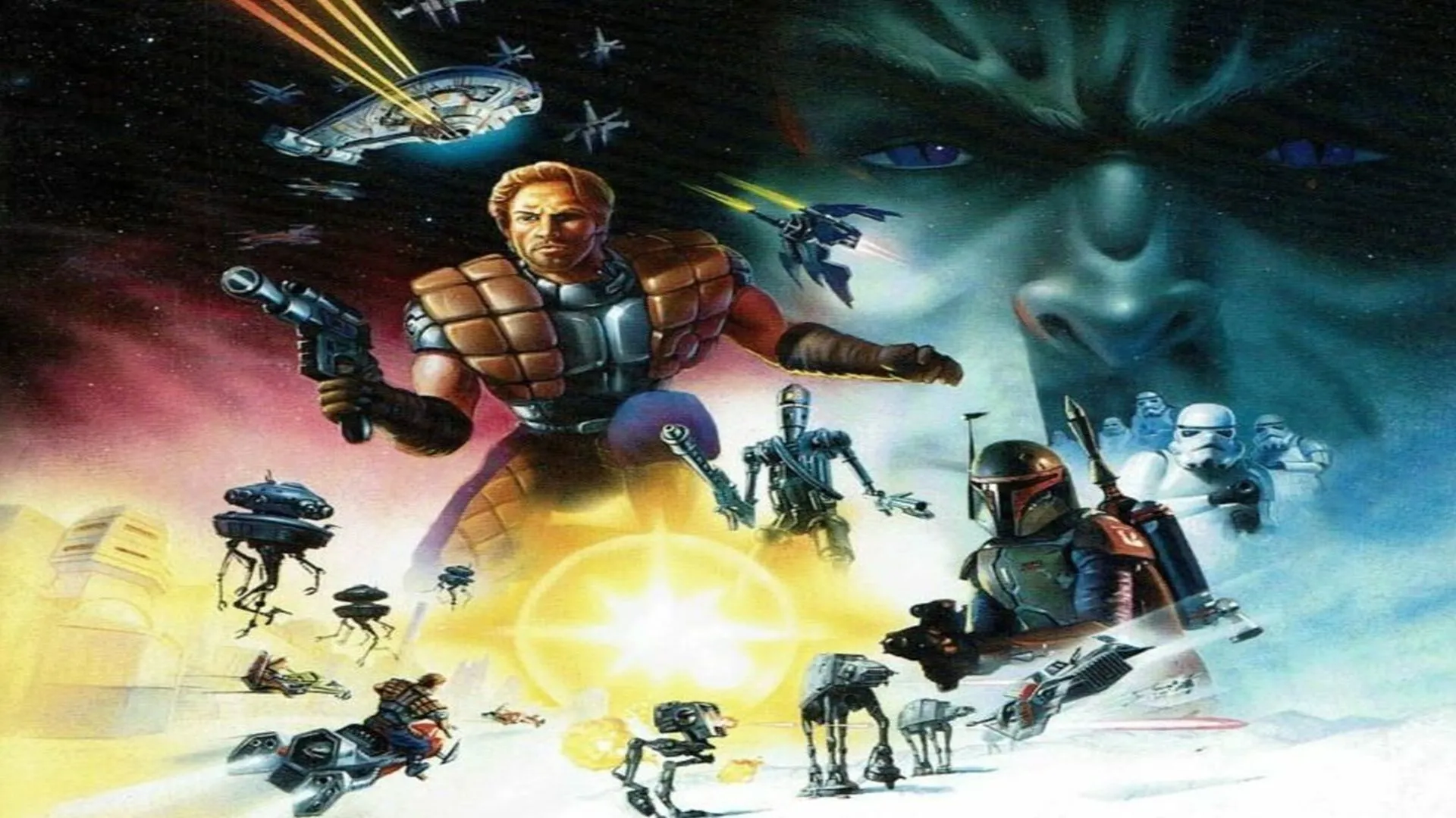 Bìa đĩa game Star Wars: Shadows of the Empire với Dash Rendar và phi thuyền của anh ta