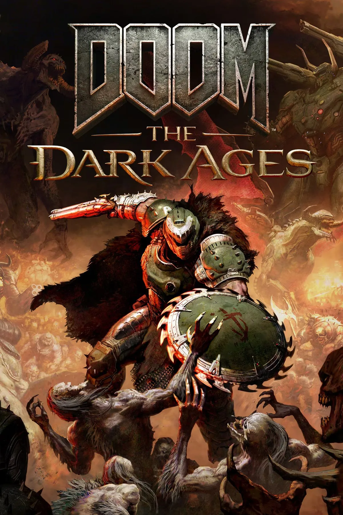 Bìa game Doom: The Dark Ages, với Doom Slayer trong bộ giáp thời Trung Cổ cùng khiên và vũ khí