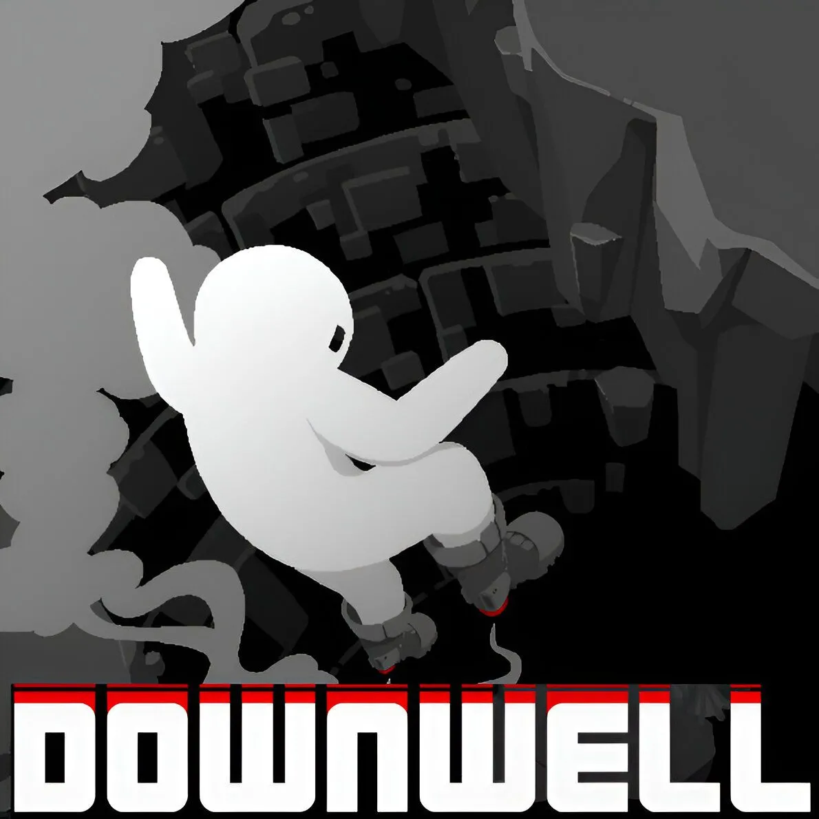 Bìa game Downwell với nhân vật chính đang rơi xuống một cái giếng sâu, xung quanh là quái vật và tinh thể.